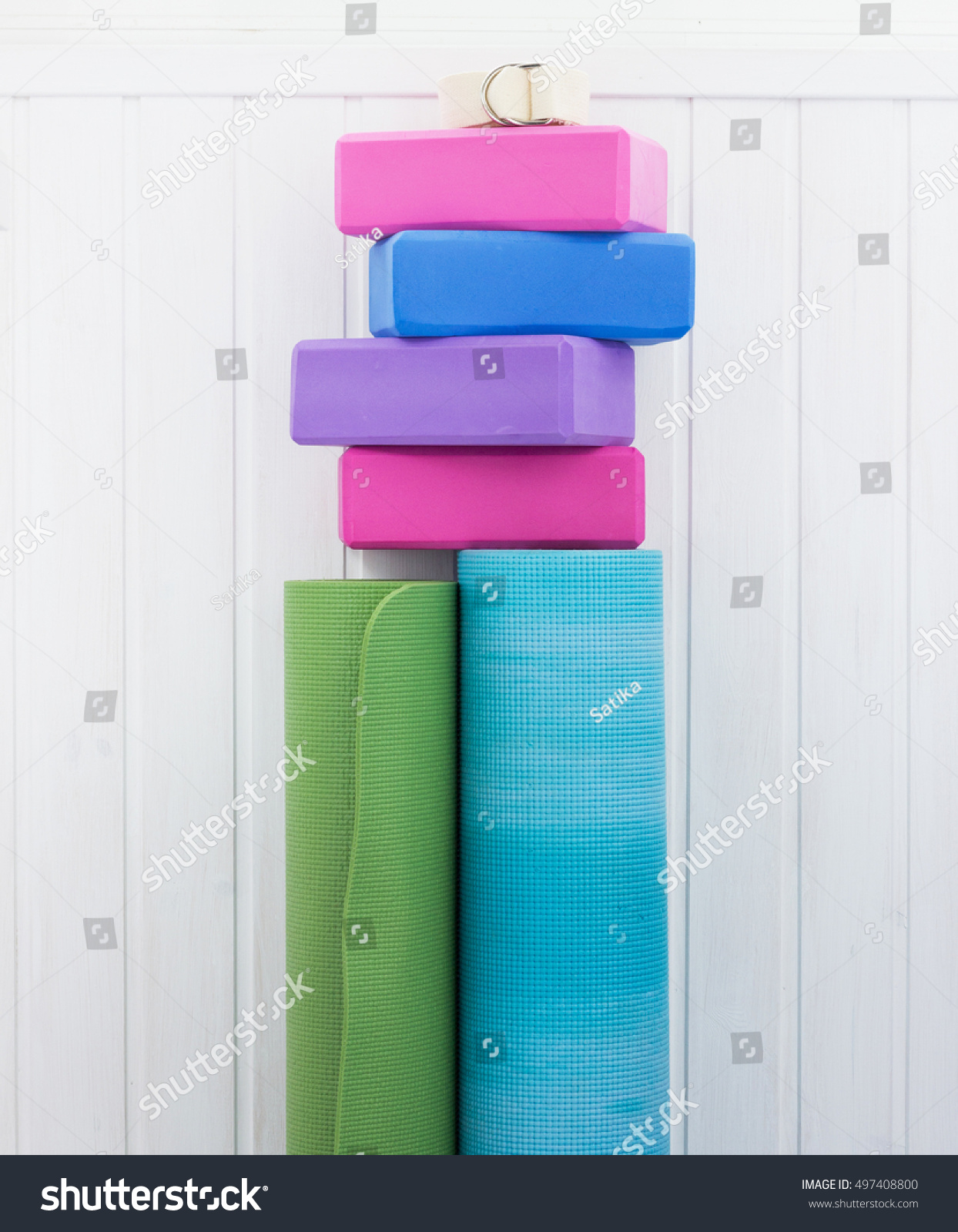 Iyengar yoga props blocks, strap, roller and carpet ⬇ Stock Photo, Image by  © Khrystsina_Tsarova #77065711