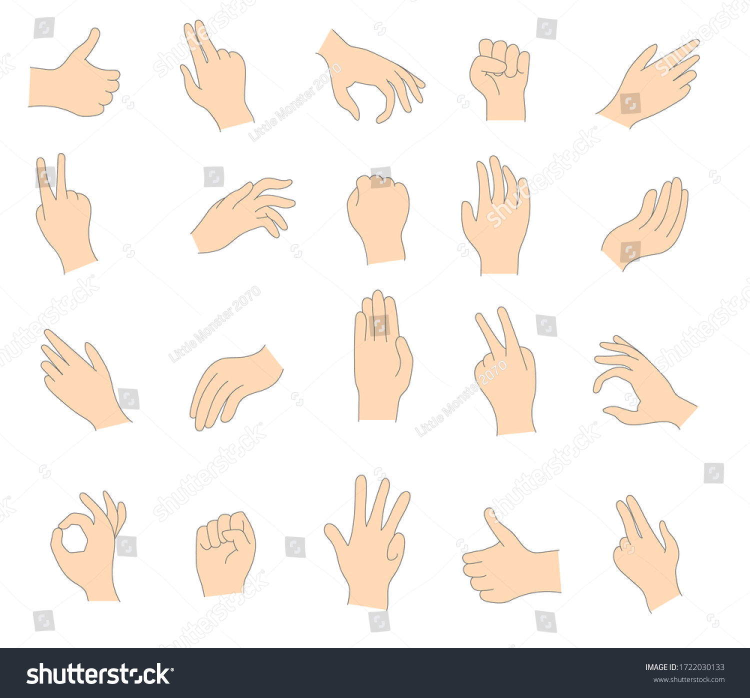白い背景に人の手のさまざまなジェスチャー 女性と男性の手のイラスト 手のひらの組み合わせで 様々な仕草を表す 手のひらが何かを指差している のイラスト素材