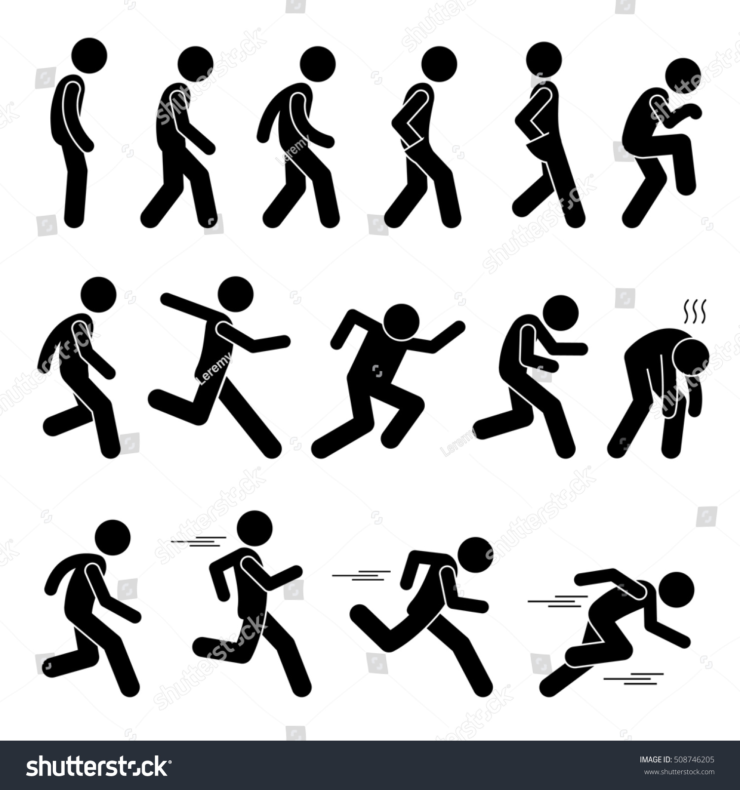 走る様々な人間が歩く姿の姿姿のポーズ棒の姿のスティックマン絵文字のアイコン のイラスト素材