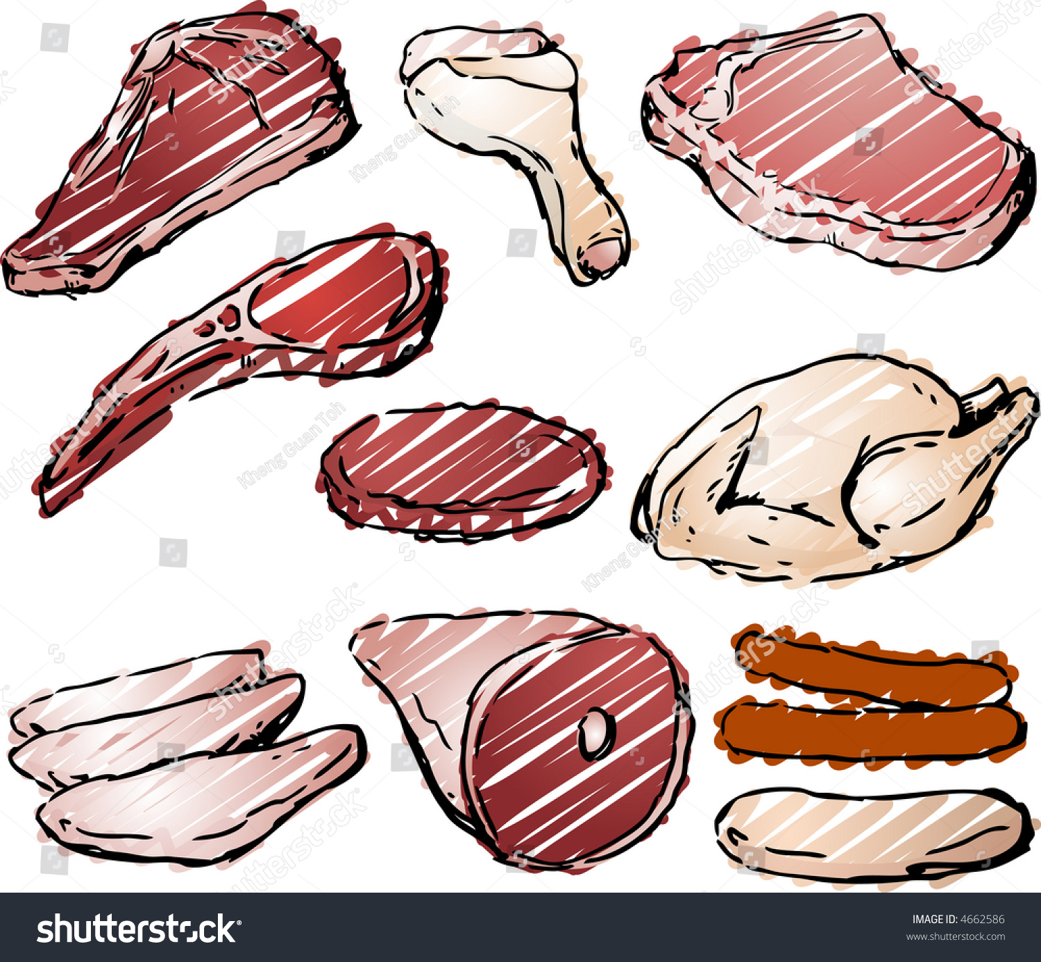 Varioust Cuts Raw Meat Handdrawn Lineart Stock Illustration 4662586 ...