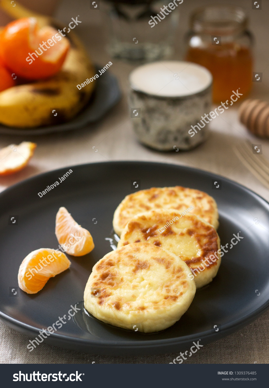 Vegetarian Breakfast Quark Pancakes Honey Fruit Stock Photo Edit Now 1309376485