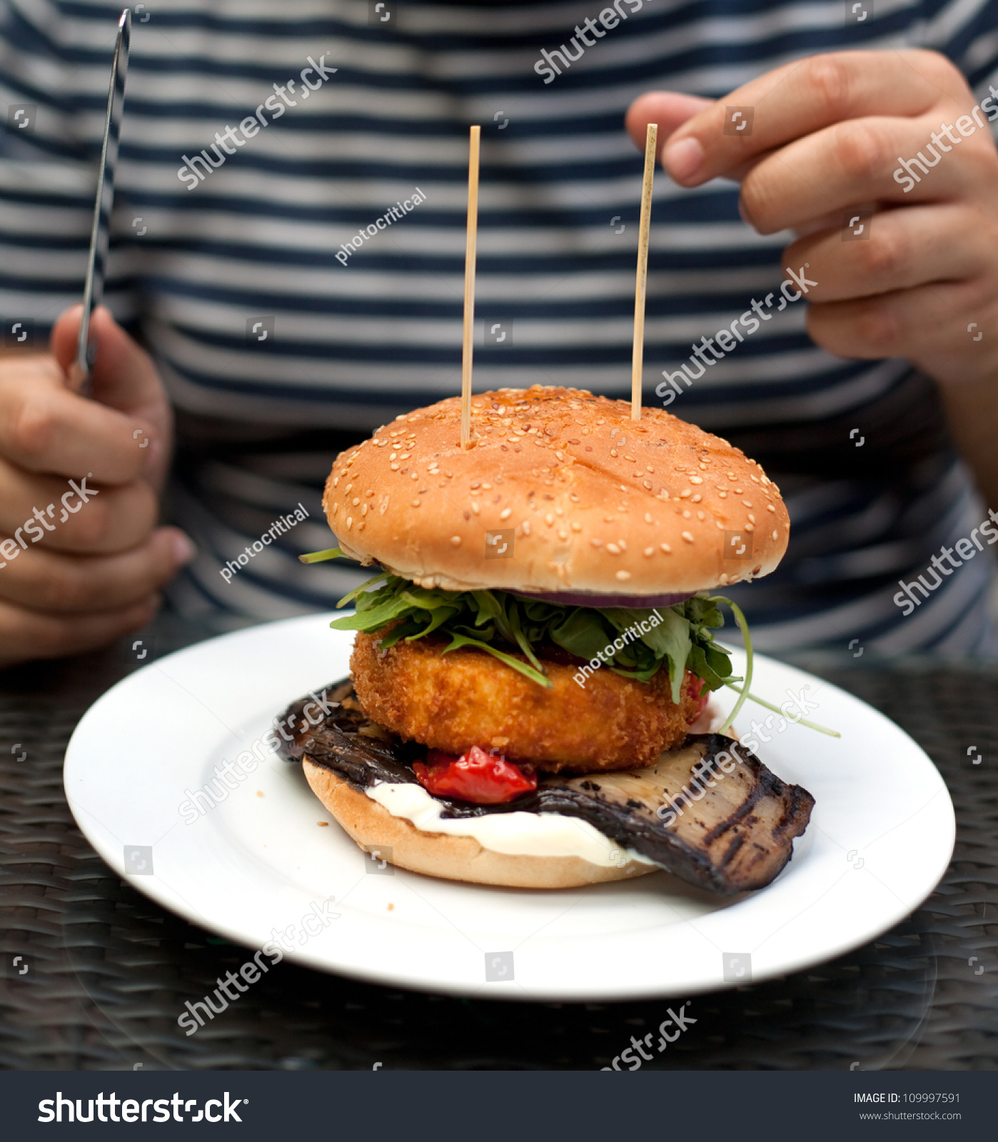 Vegetarian Burger Containing Deepfried Camembert Panko Stock Photo