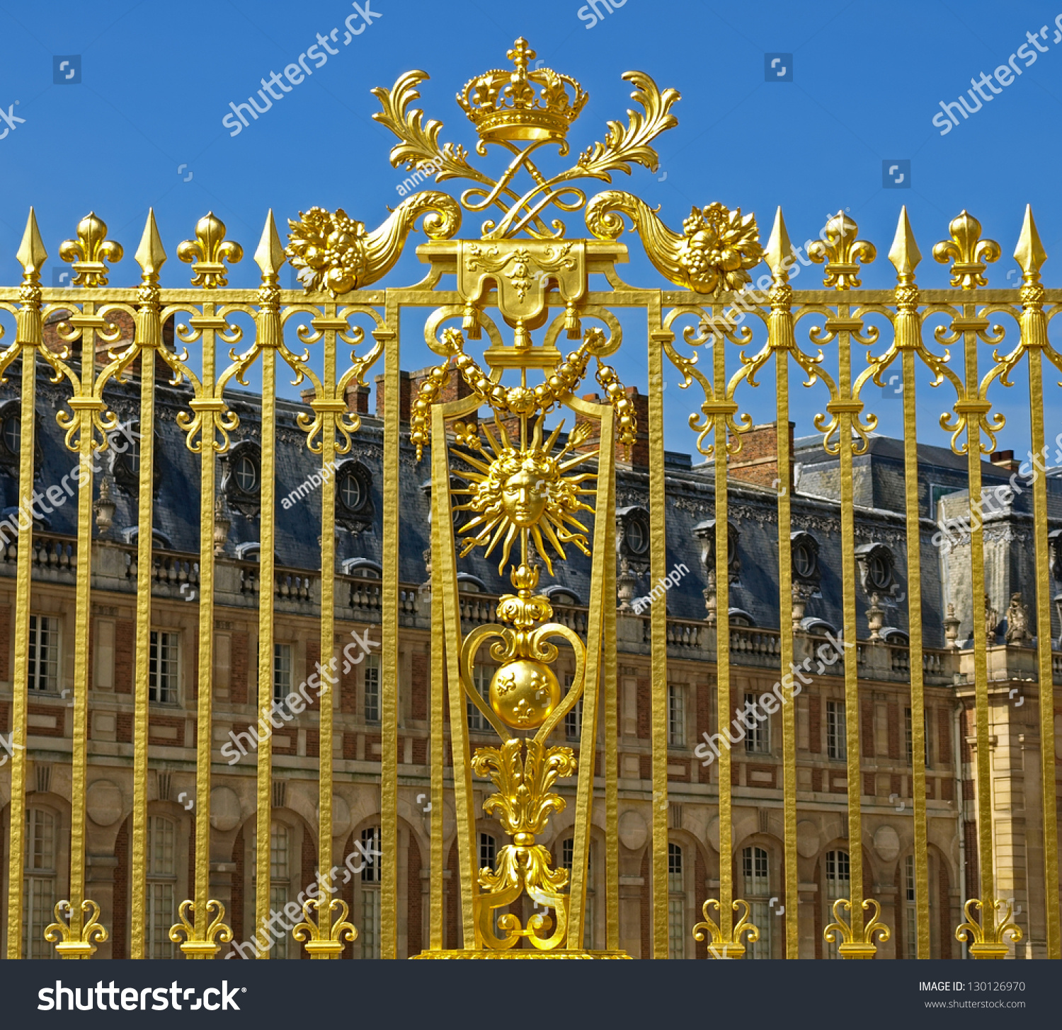 Versailles, France. Golden Royal Gate. Crown And Symbols Sun King ...