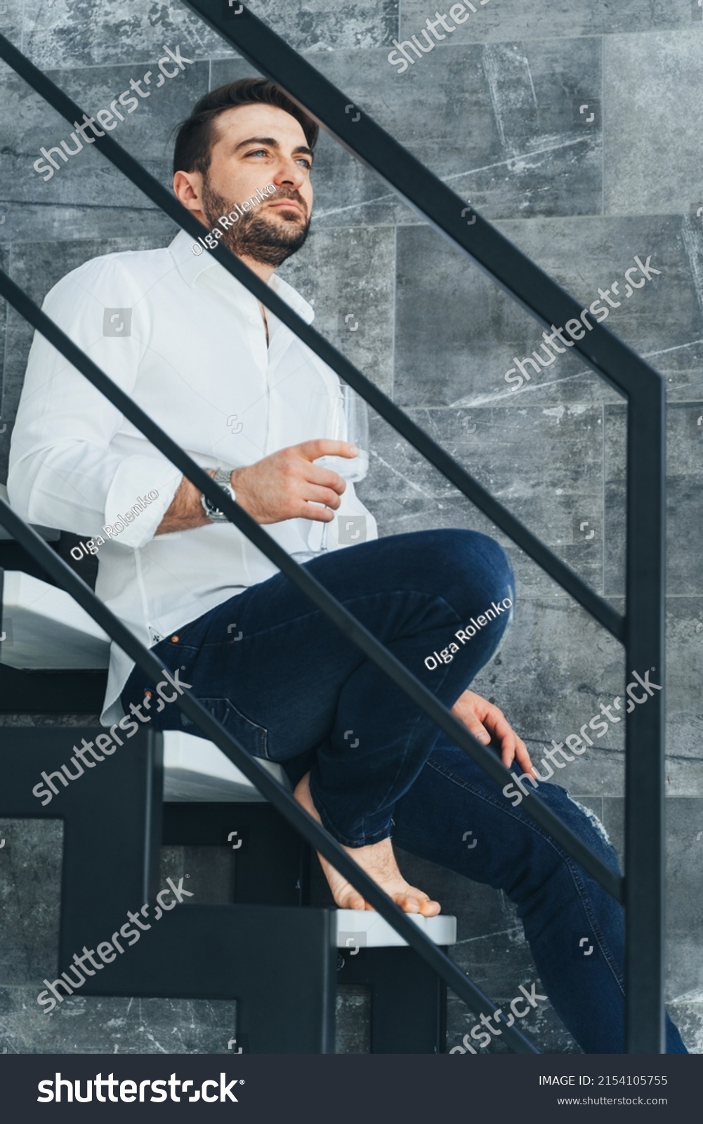 Vertical Image Attractive Masculine Barefoot Bearded Stock Photo ...