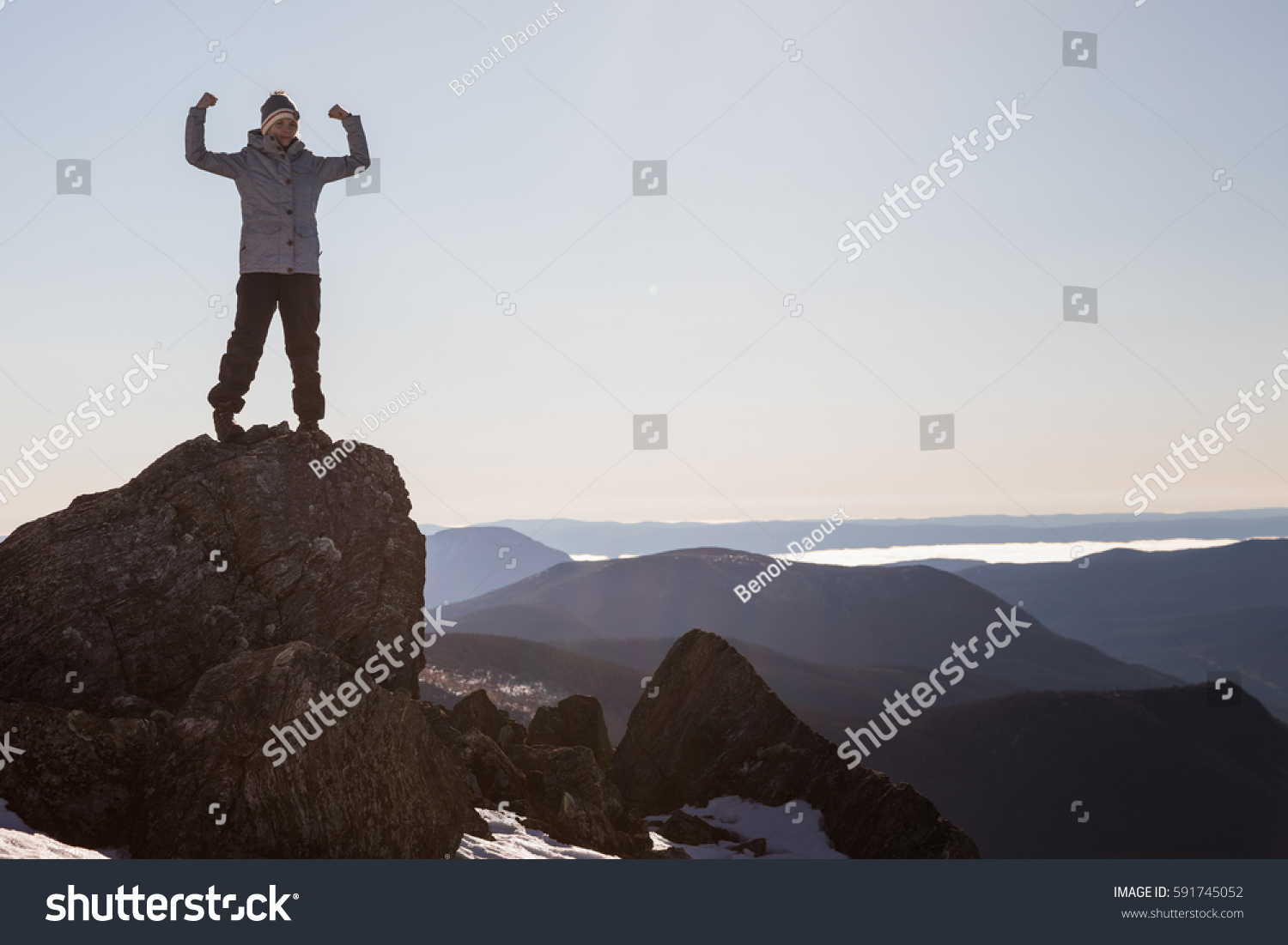 Victorious Woman Enjoying Success Richardson Mountains Stock Photo ...