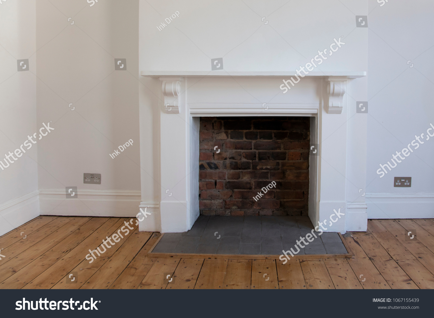 Victoriran Wooden Fireplace Surround White Walls Interiors Stock