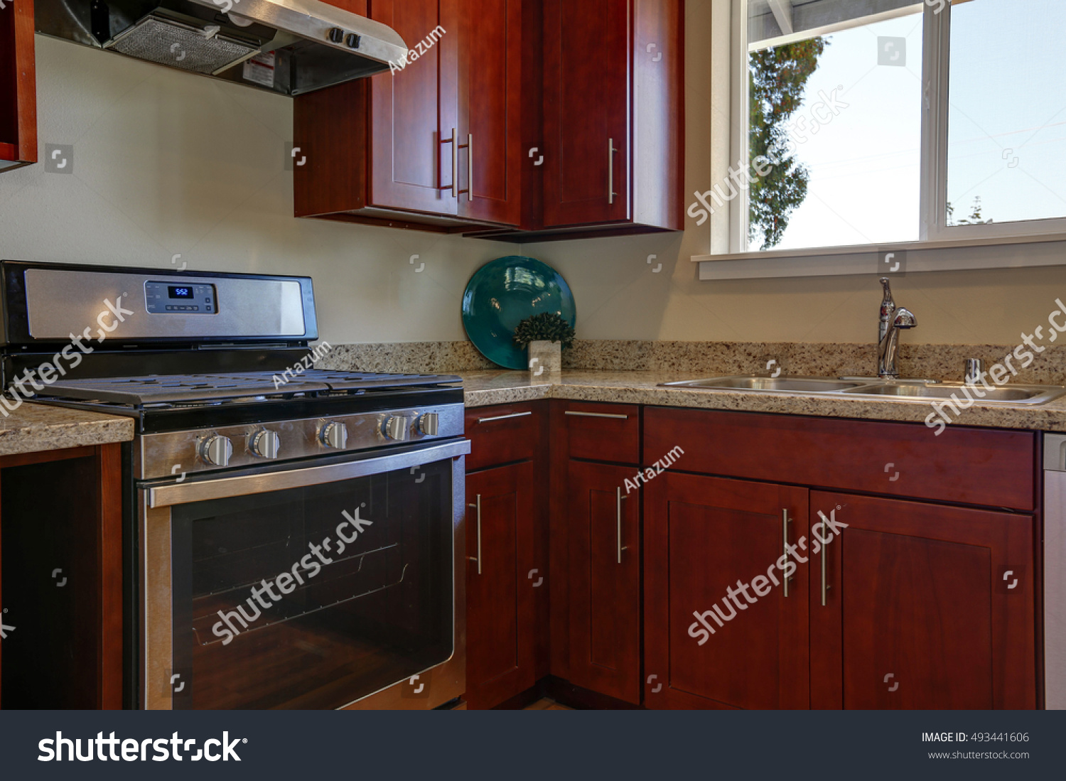 View Burgundy Kitchen Cabinets Granite Counter Stock Photo Edit
