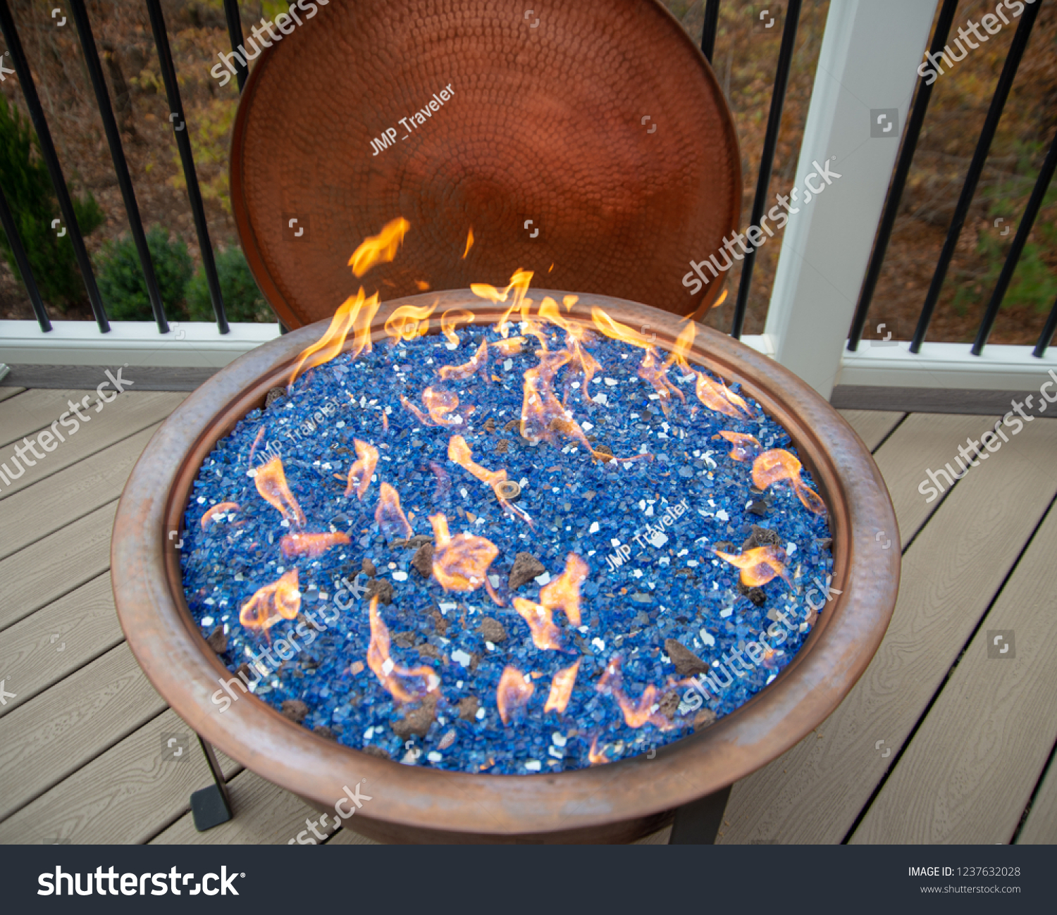 View Lit Fire Pit Blue Crystals Stock Photo Edit Now 1237632028