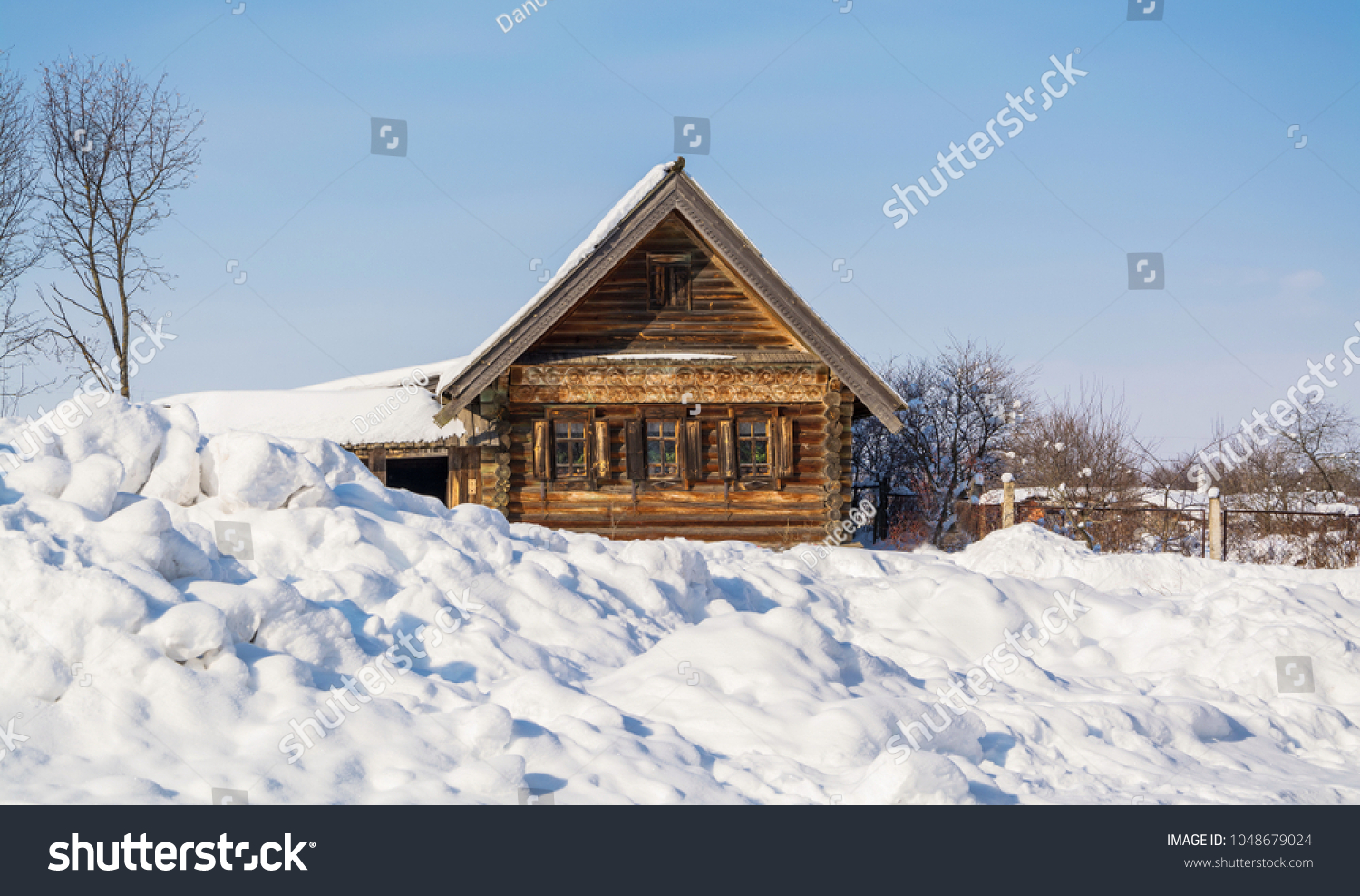 Village Log Cabin Carved Shutters Snowcovered Stock Photo Edit