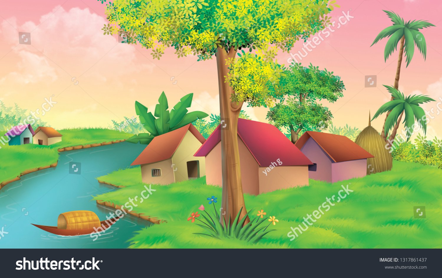 Village River Cartoon Illustration Art Stock Illustration