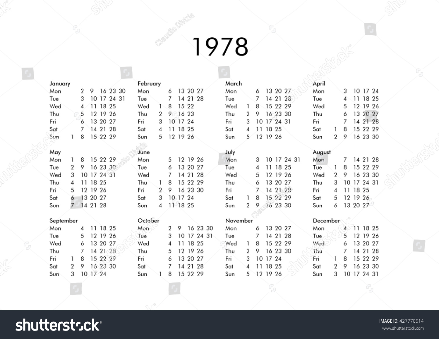Vintage Calendar Year 1978 All Months 스톡 일러스트 427770514 Shutterstock