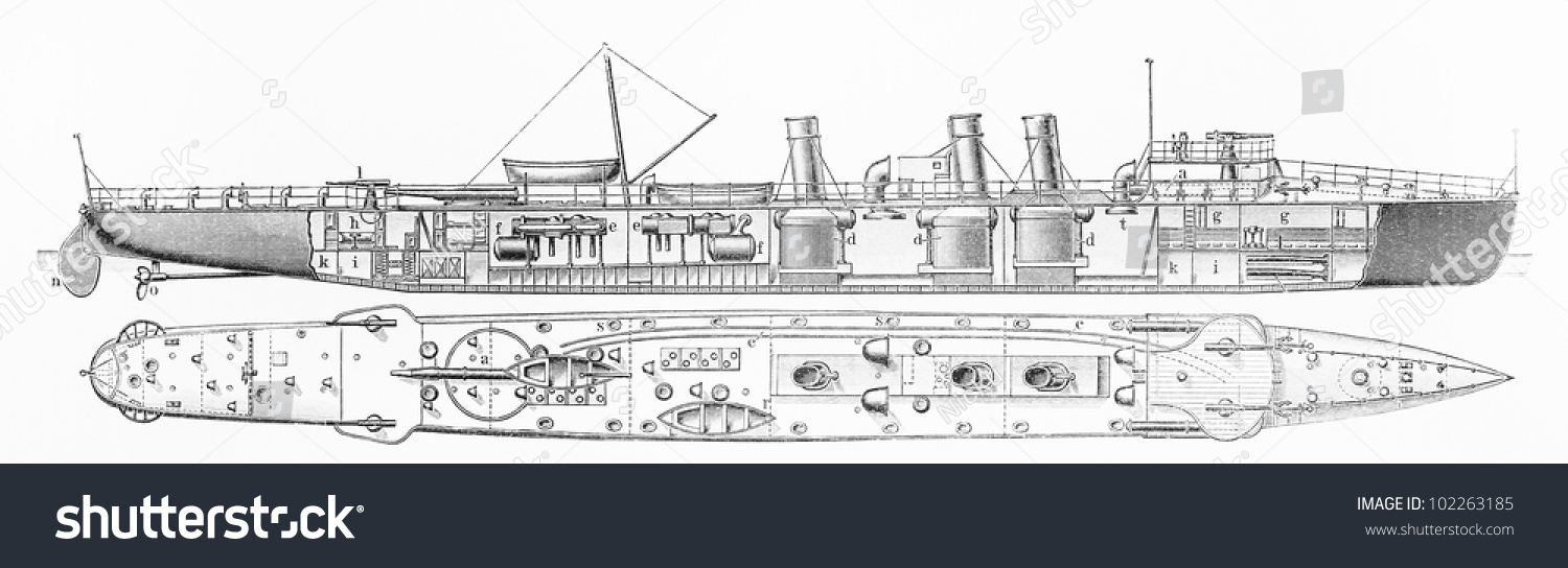 Vintage Drawing Italian Torpedoboat Destroyer Year Stock 