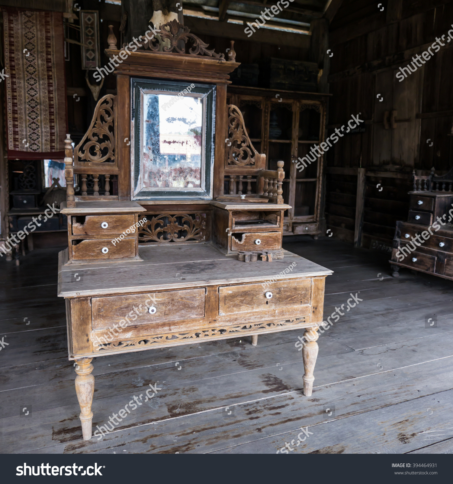 Vintage Dressing Table Oldfashioned Wooden Vanity Stock Photo