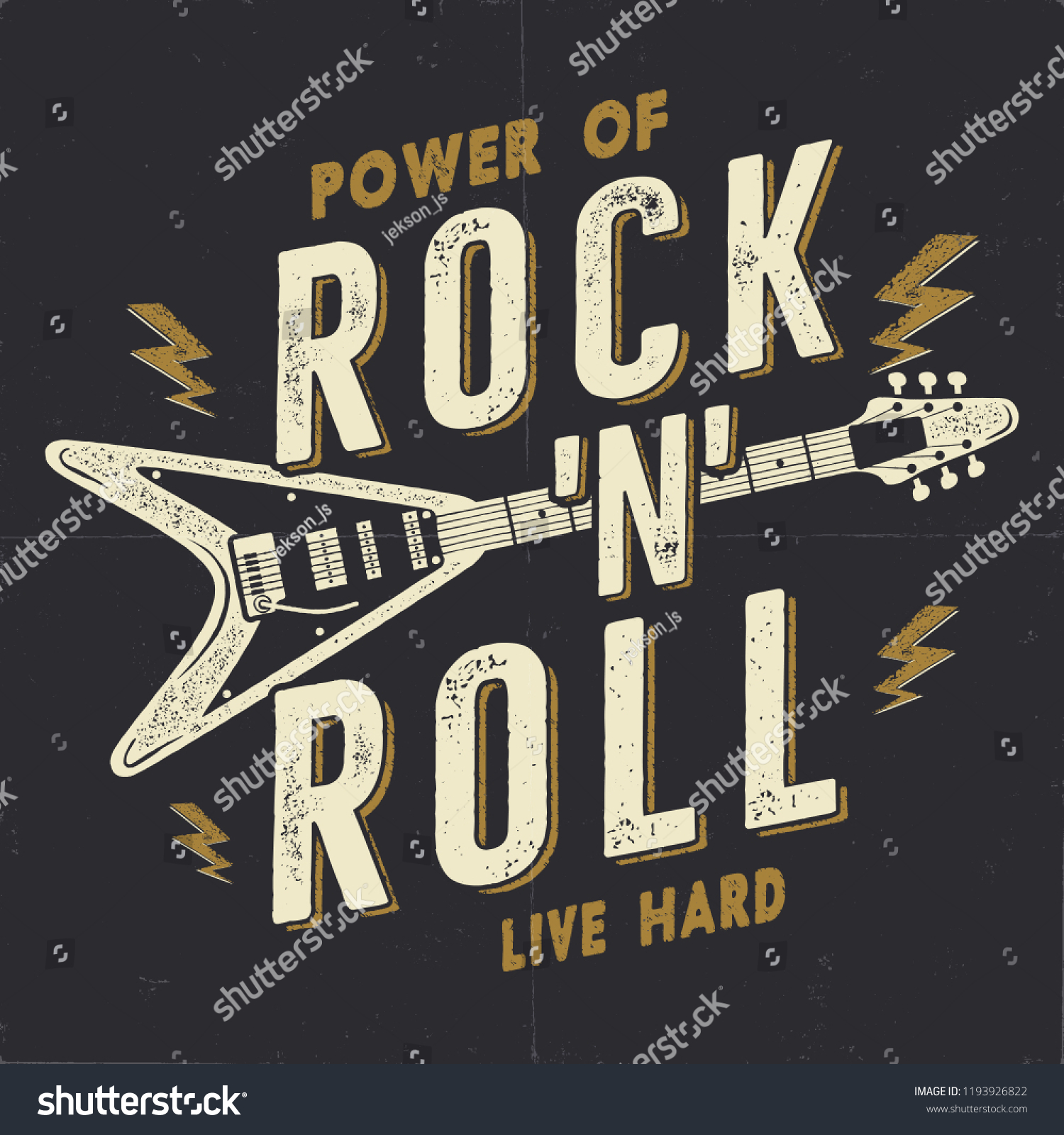 ビンテージ手描きのロックンロールポスター ロックミュージックポスター ハードミュージックt型グラフィックデザイン ロックミュージックtシャツ Power Of Rock N Rollの引用 レトロな壁紙 エンブレム のイラスト素材