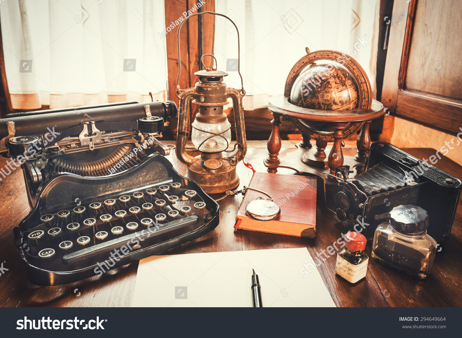 Vintage Items Camera Pen Globe Clock Stock Photo Edit Now 294649664