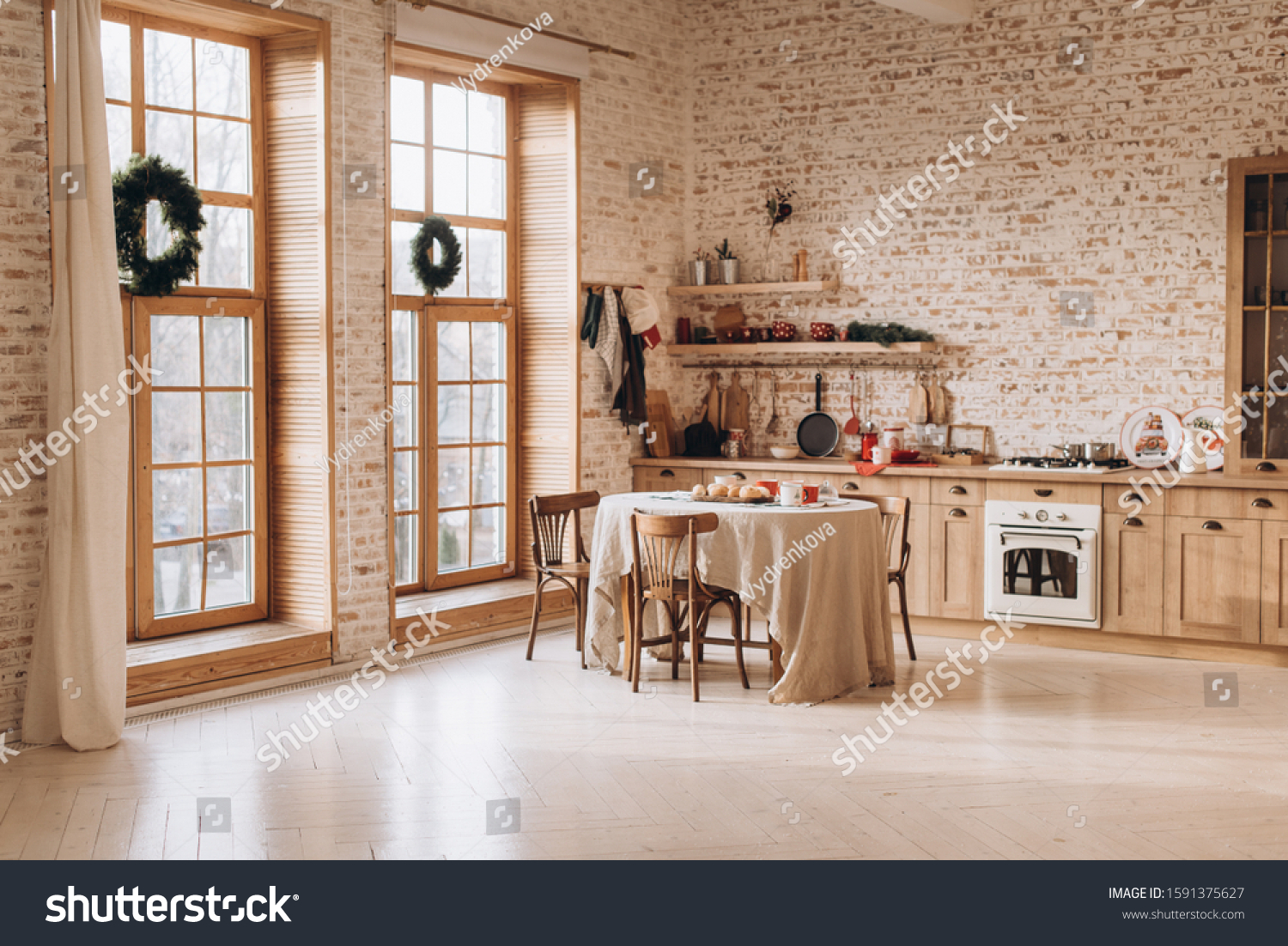 Vintage Kitchen Interior Panoramic Windows Stock Photo Edit Now 1591375627