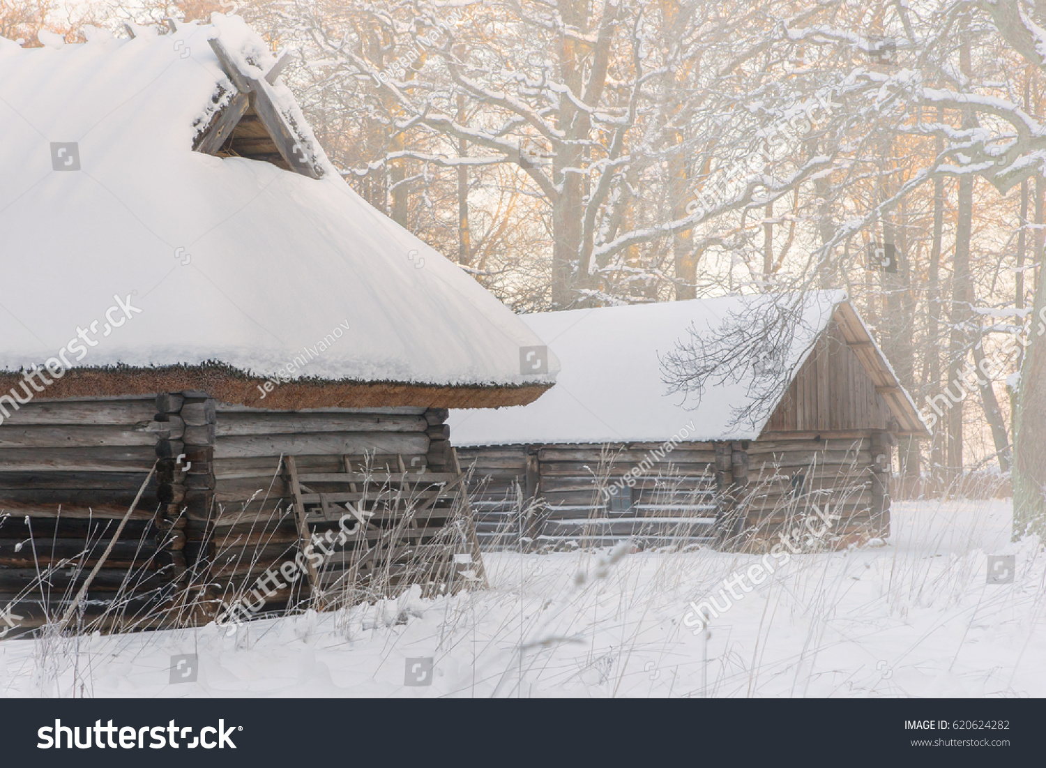 Vintage Log Cabins Winter Fog Medieval Stock Image Download Now