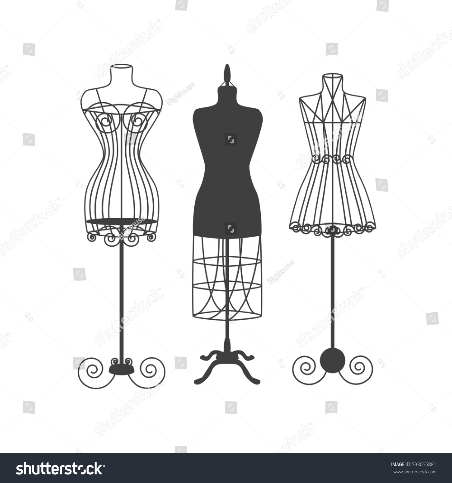 Vintage Mannequin Dummies Black Silhouette Sewing Stock Illustration ...