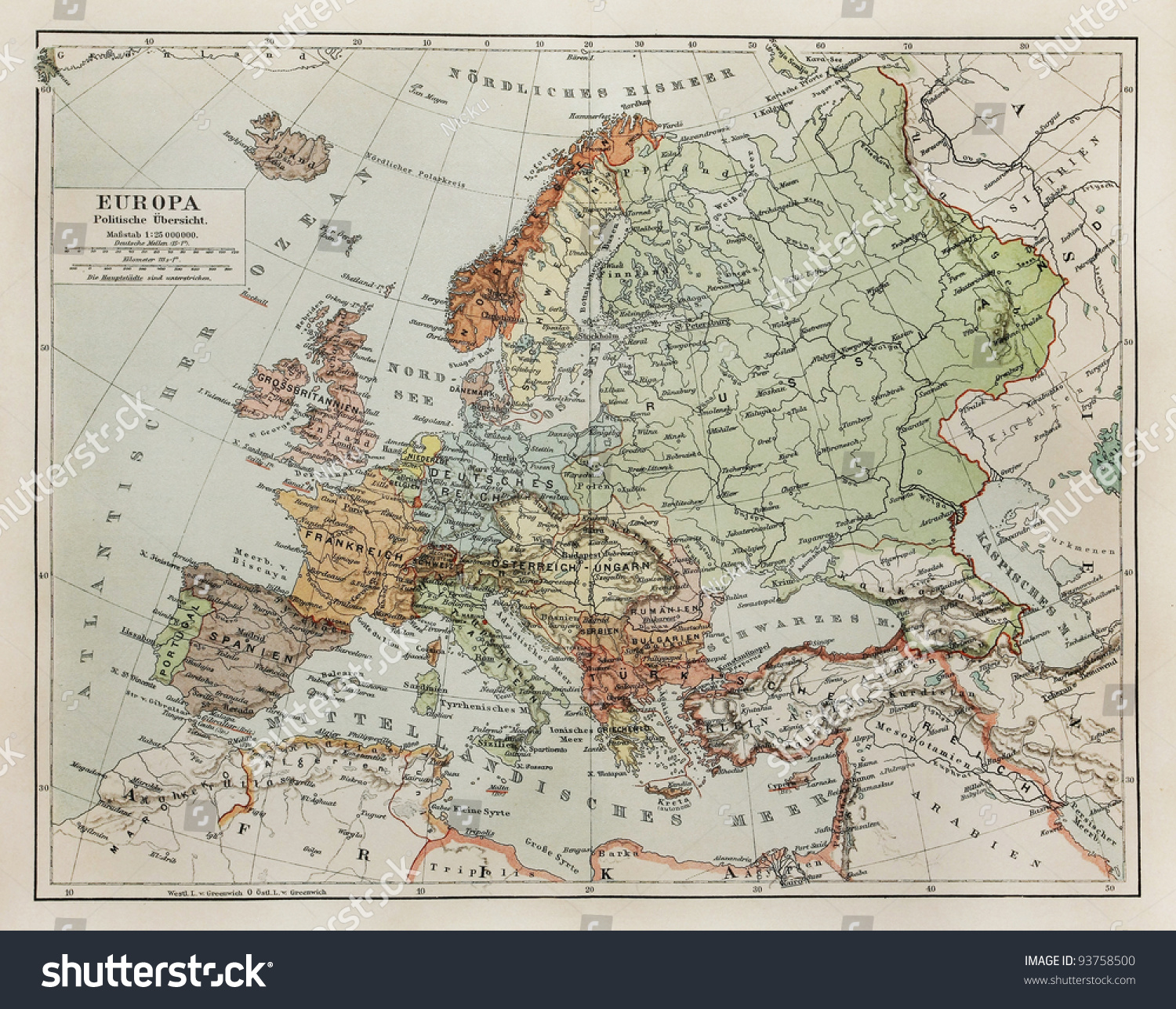 Vintage Map Of Europe At The End Of 19th Century - Picture From Meyers ...