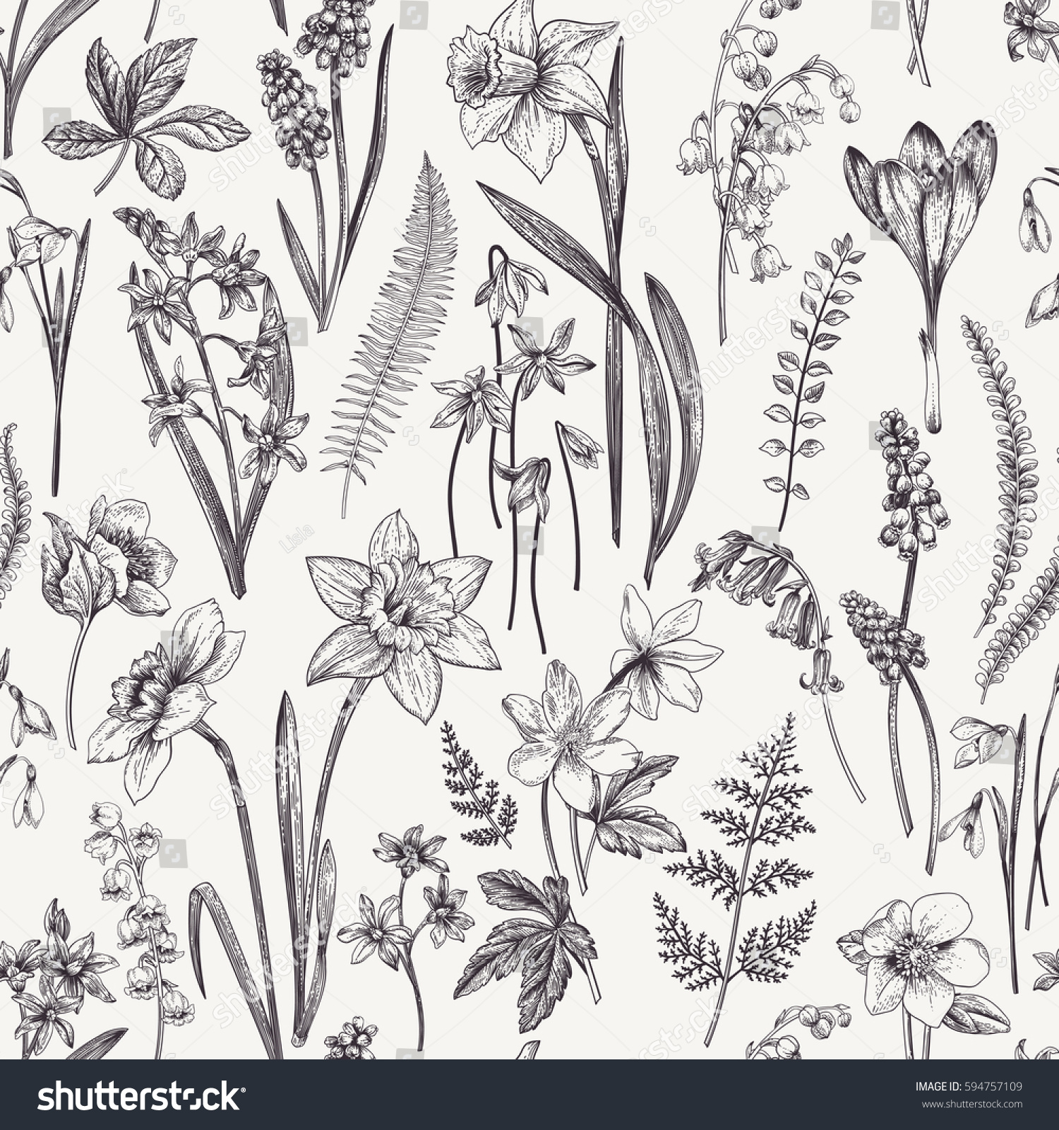 シームレスなビンテージ花柄 春の花とハーブ 植物イラスト ナルキッソス リリー ヘルボア 雪だるま クロカス 彫刻 白黒 のイラスト素材