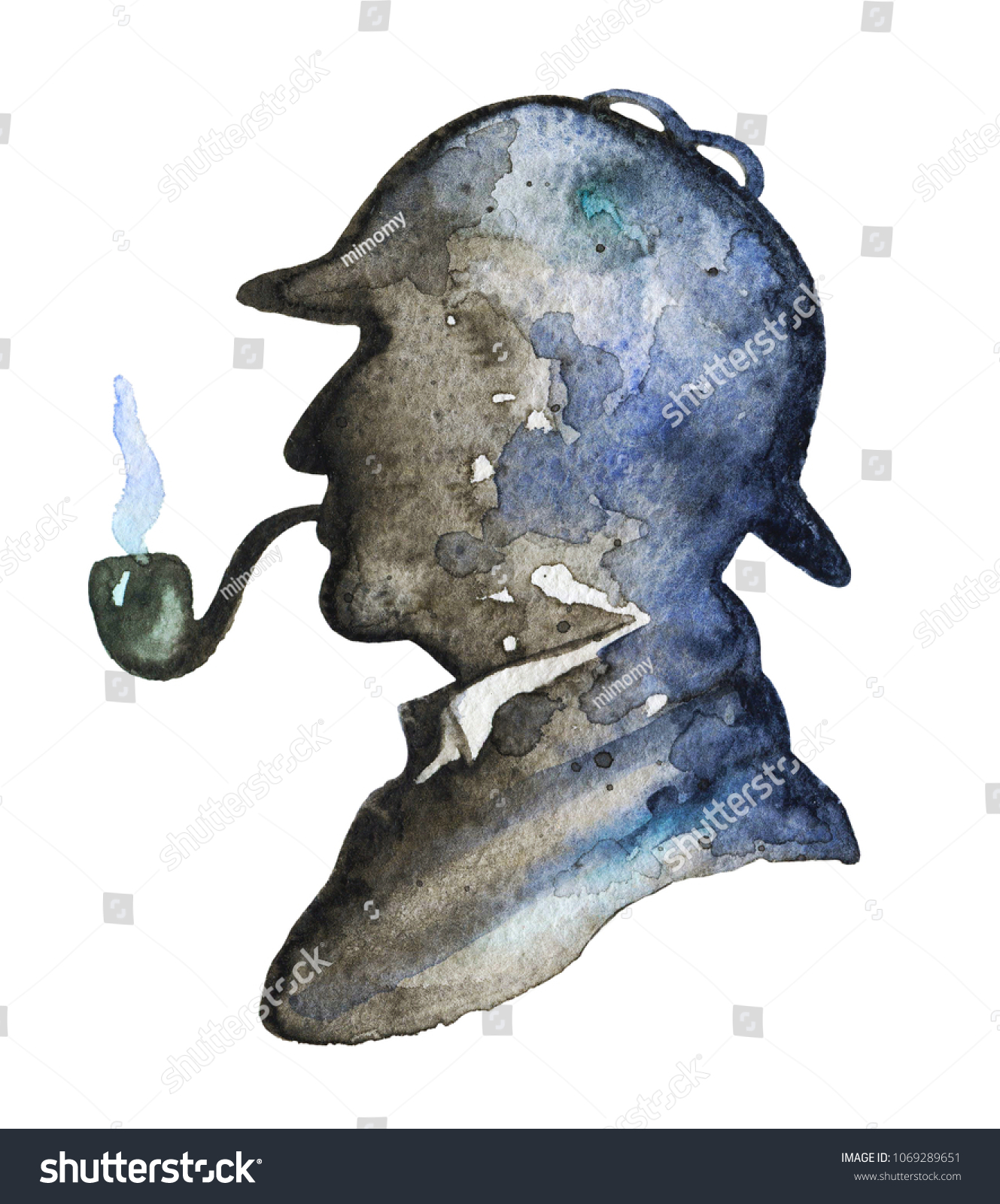 白い背景に煙管と帽子を持つシャーロック ホームズのビンテージ シルエット 水彩手描きのイラスト のイラスト素材