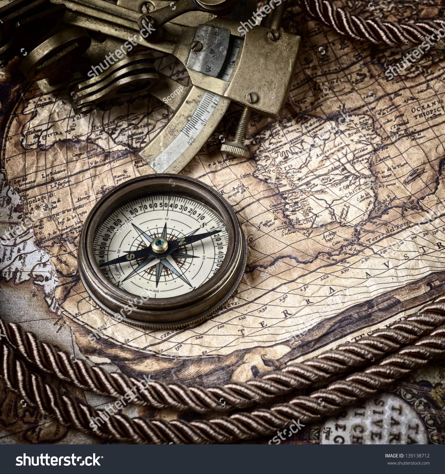 Vintage Still Life With Compass,Sextant And Old Map Stock Photo ...