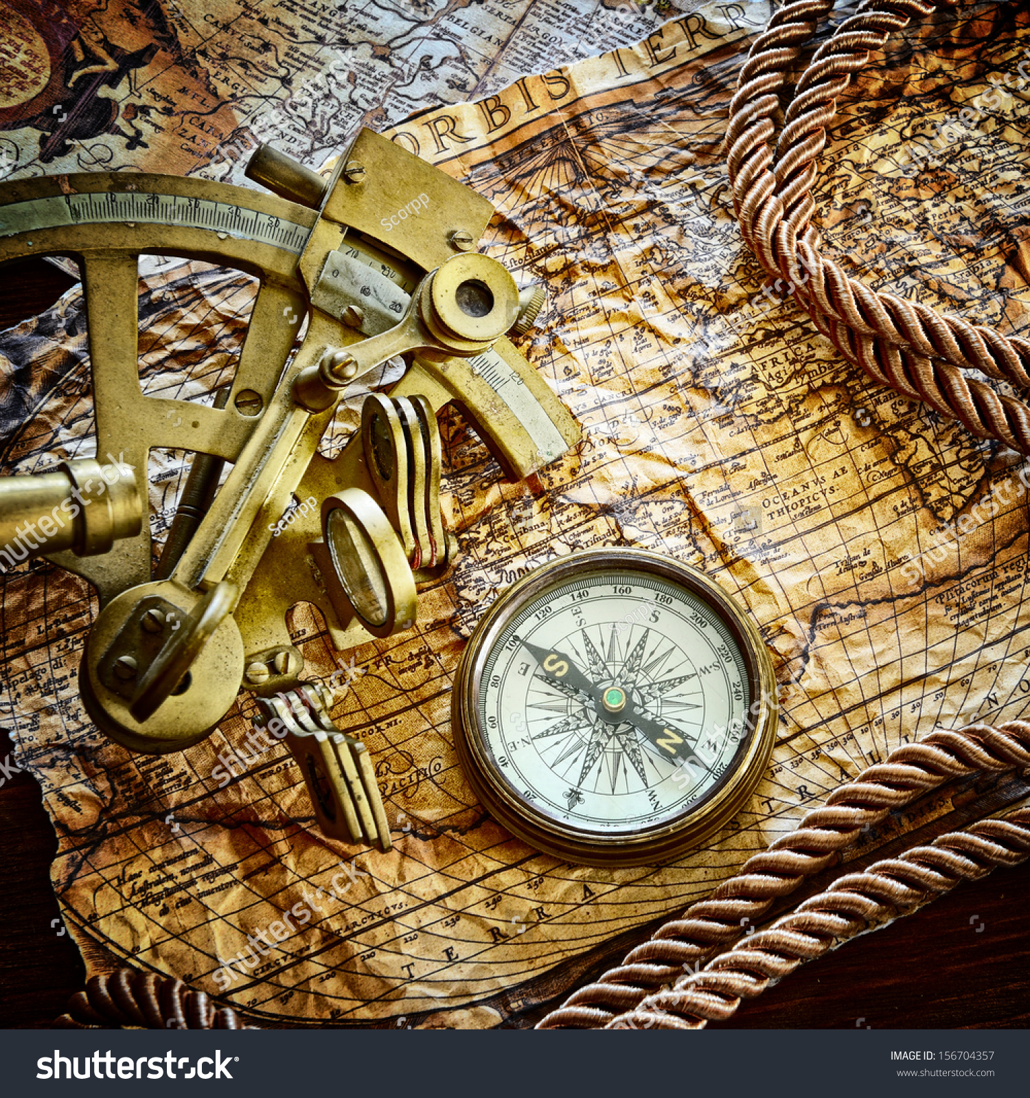 Vintage Still Life With Compass,Sextant And Old Map. Stock Photo ...