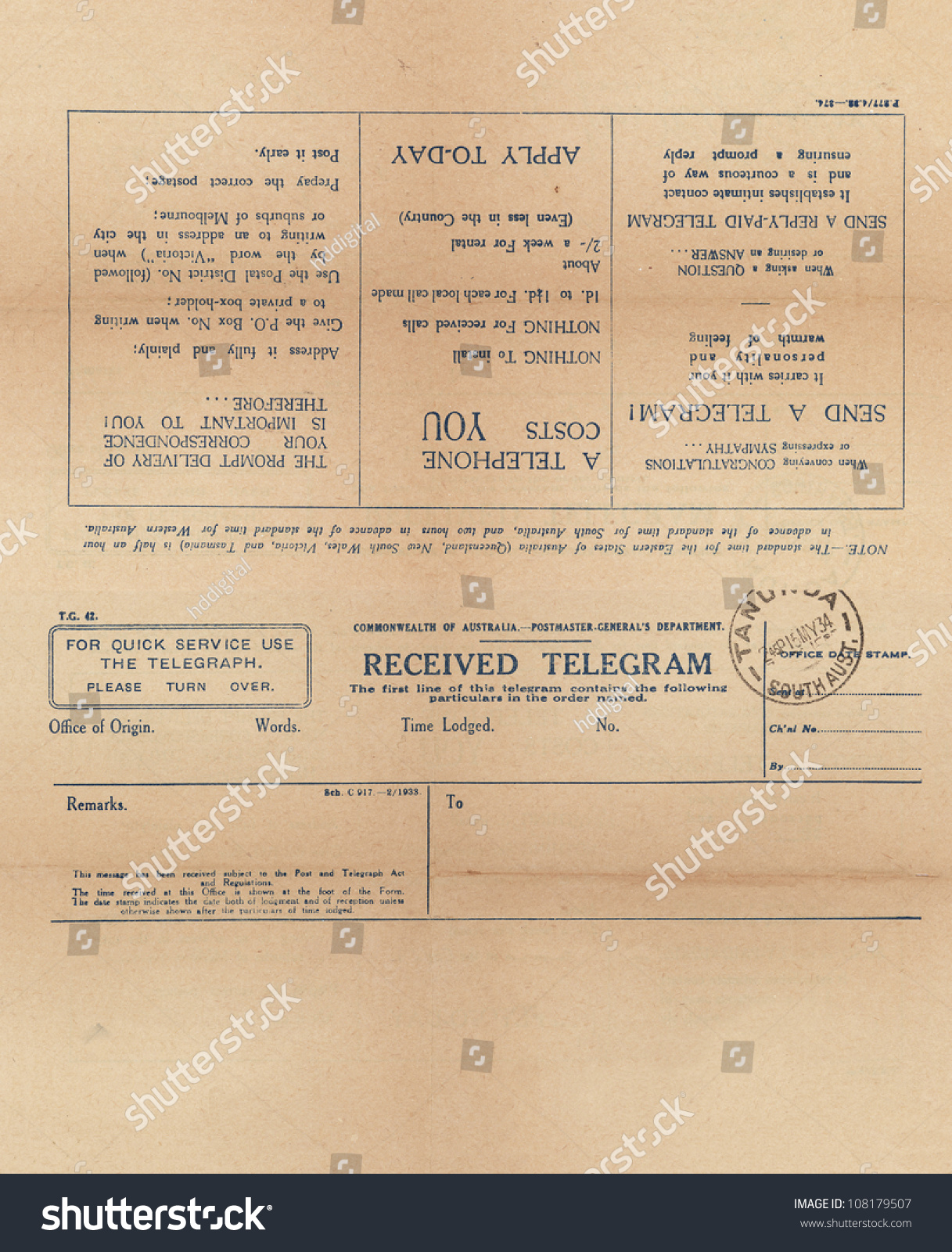 Vintage Telegram Setup Front Back Printing ภาพสต็อก 108179507