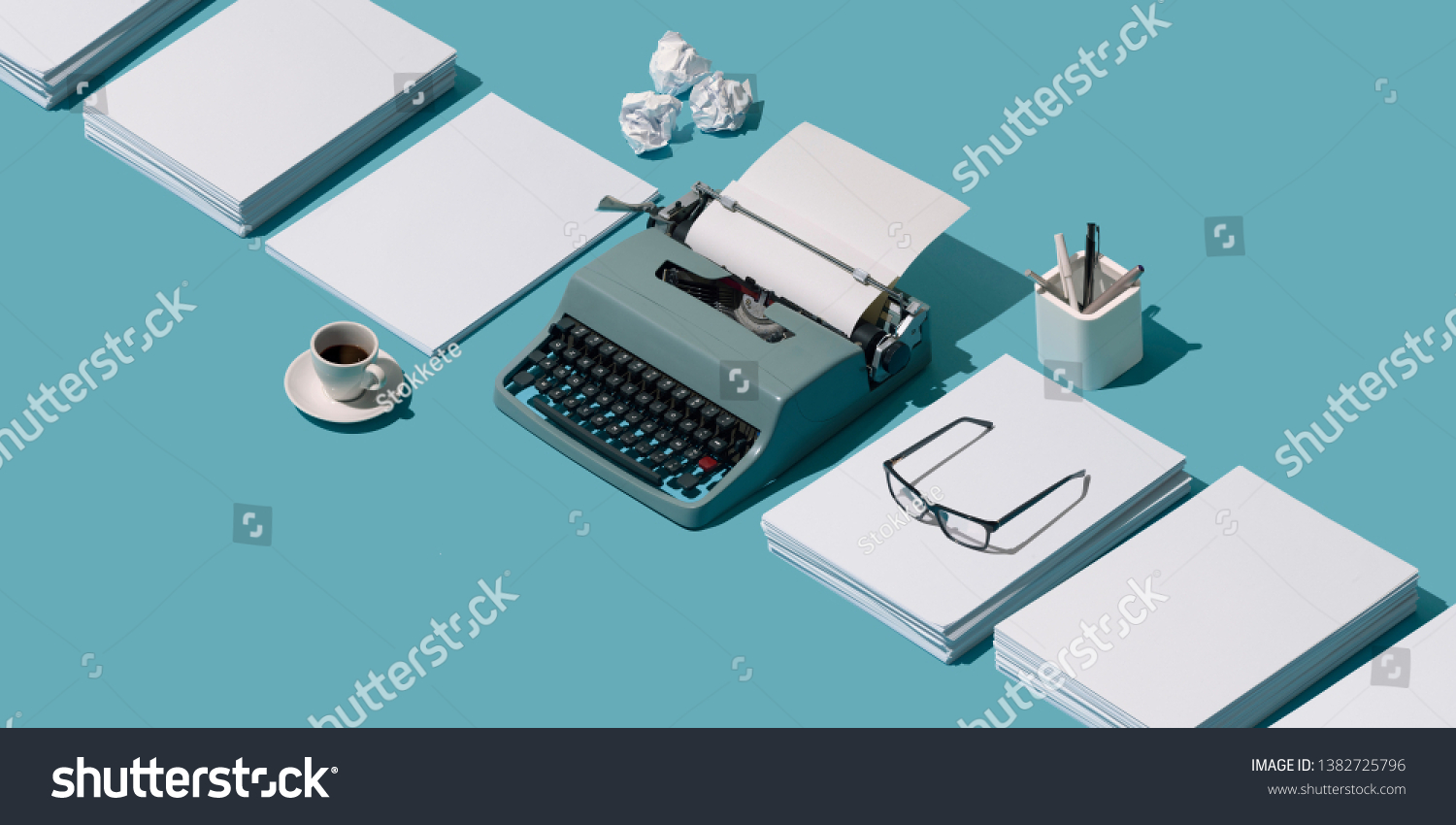 Vintage Typewriters Header Piles Blank Sheets Stock Photo Edit