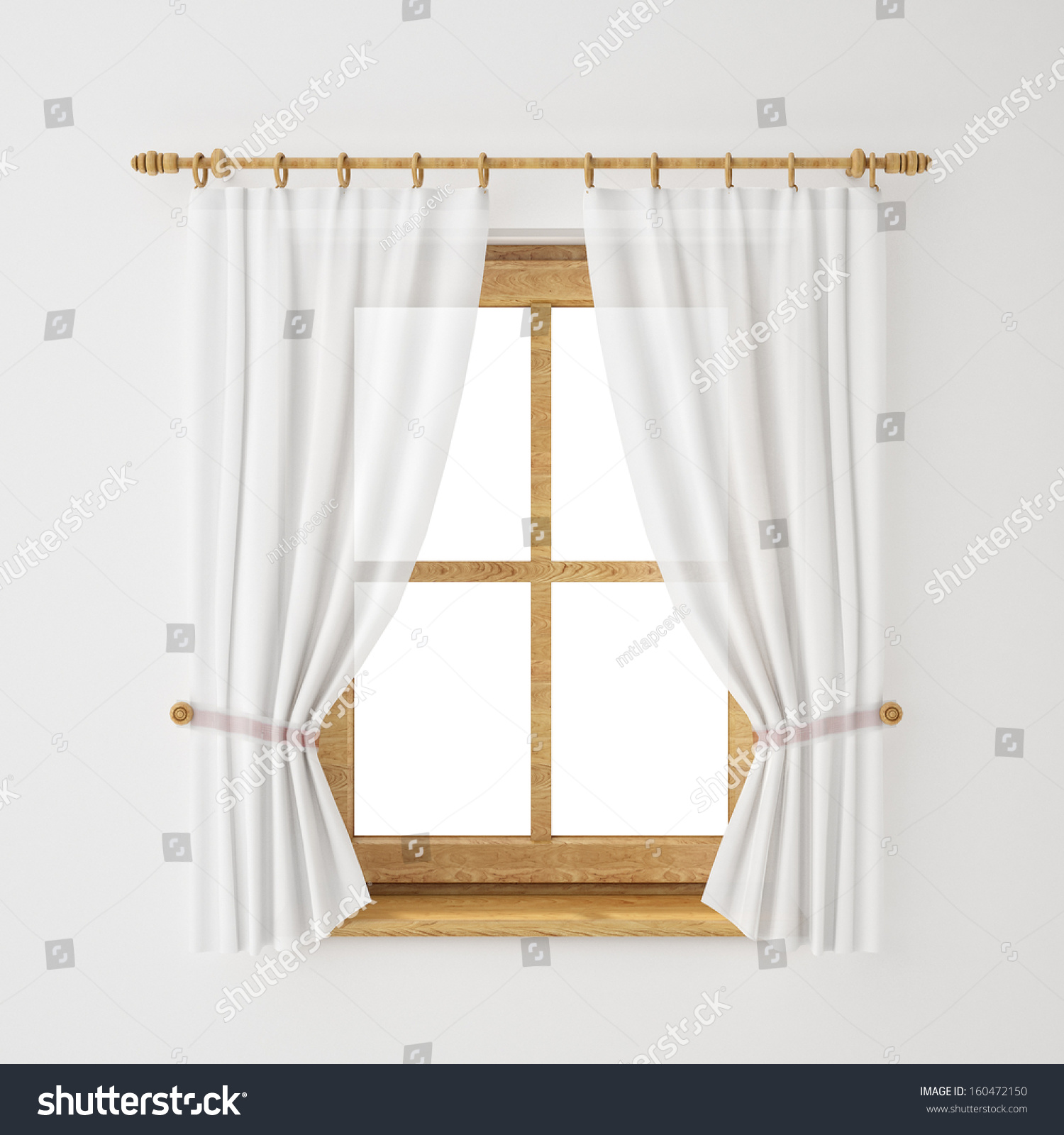 Vintage Wooden Window Frame Curtain Isolated Stock