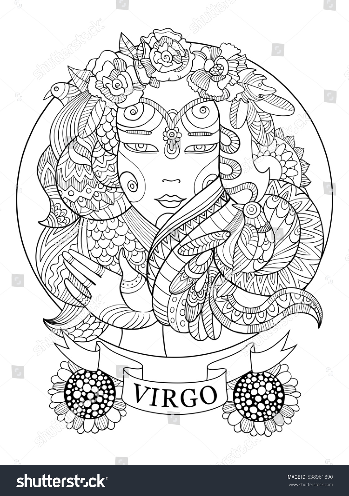 Virgo zodiac sign coloring book for adults raster illustration Anti stress coloring for adult