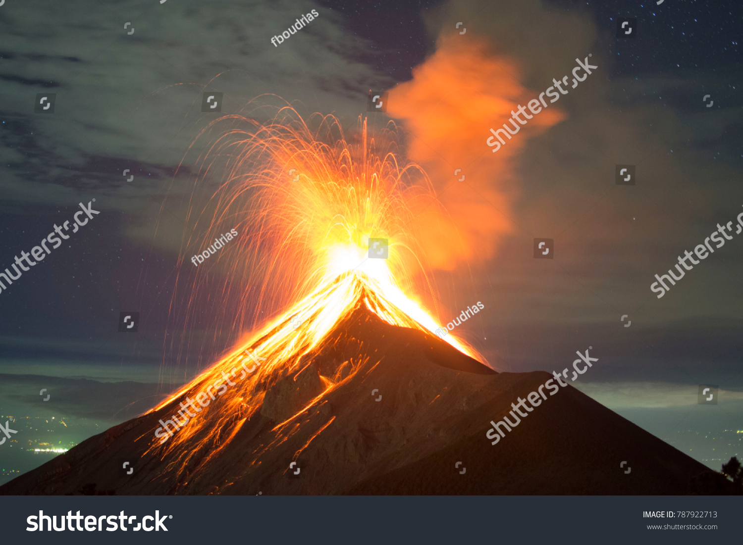 夜の火山噴火 グアテマラ アンティグアのフエゴ火山 の写真素材 今すぐ編集