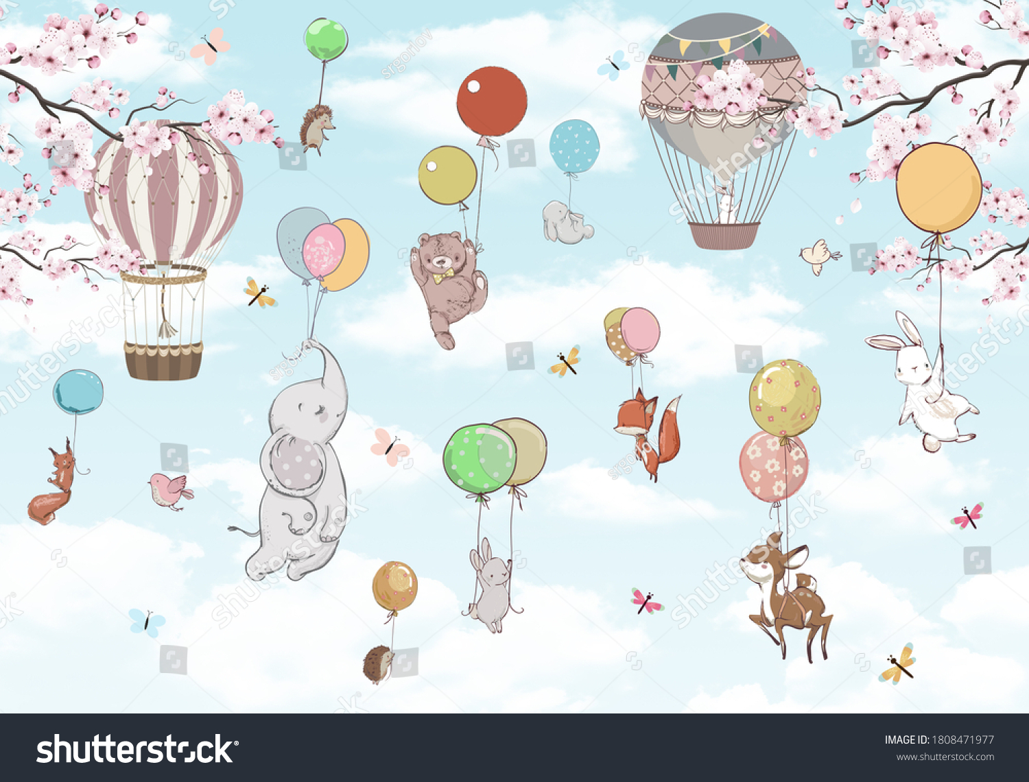 子ども用の壁紙 風船の上の空に動物 のイラスト素材 Shutterstock