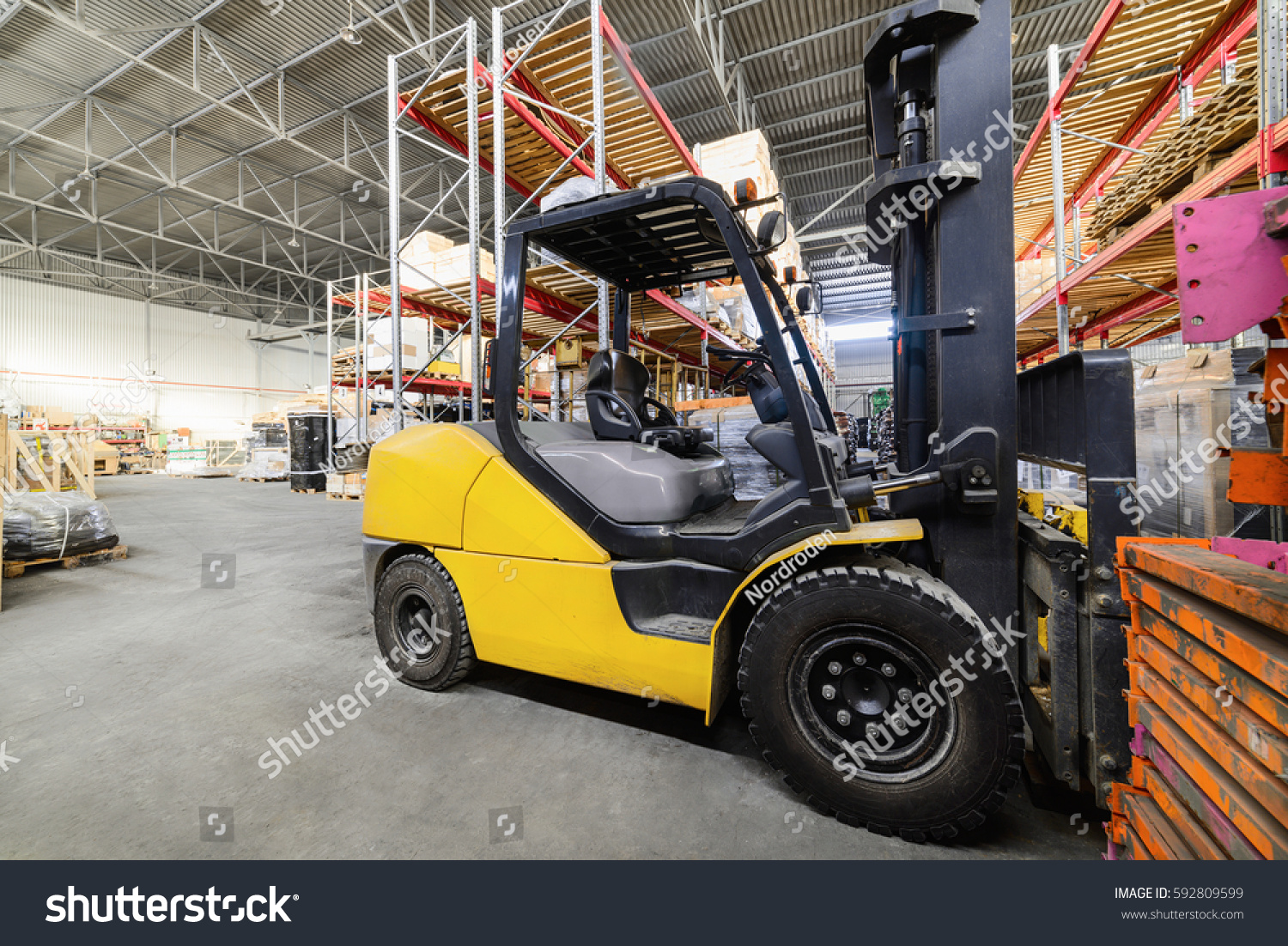 Warehouse Industrial Logistics Companies Electric Forklift Stock Photo Edit Now 592809599