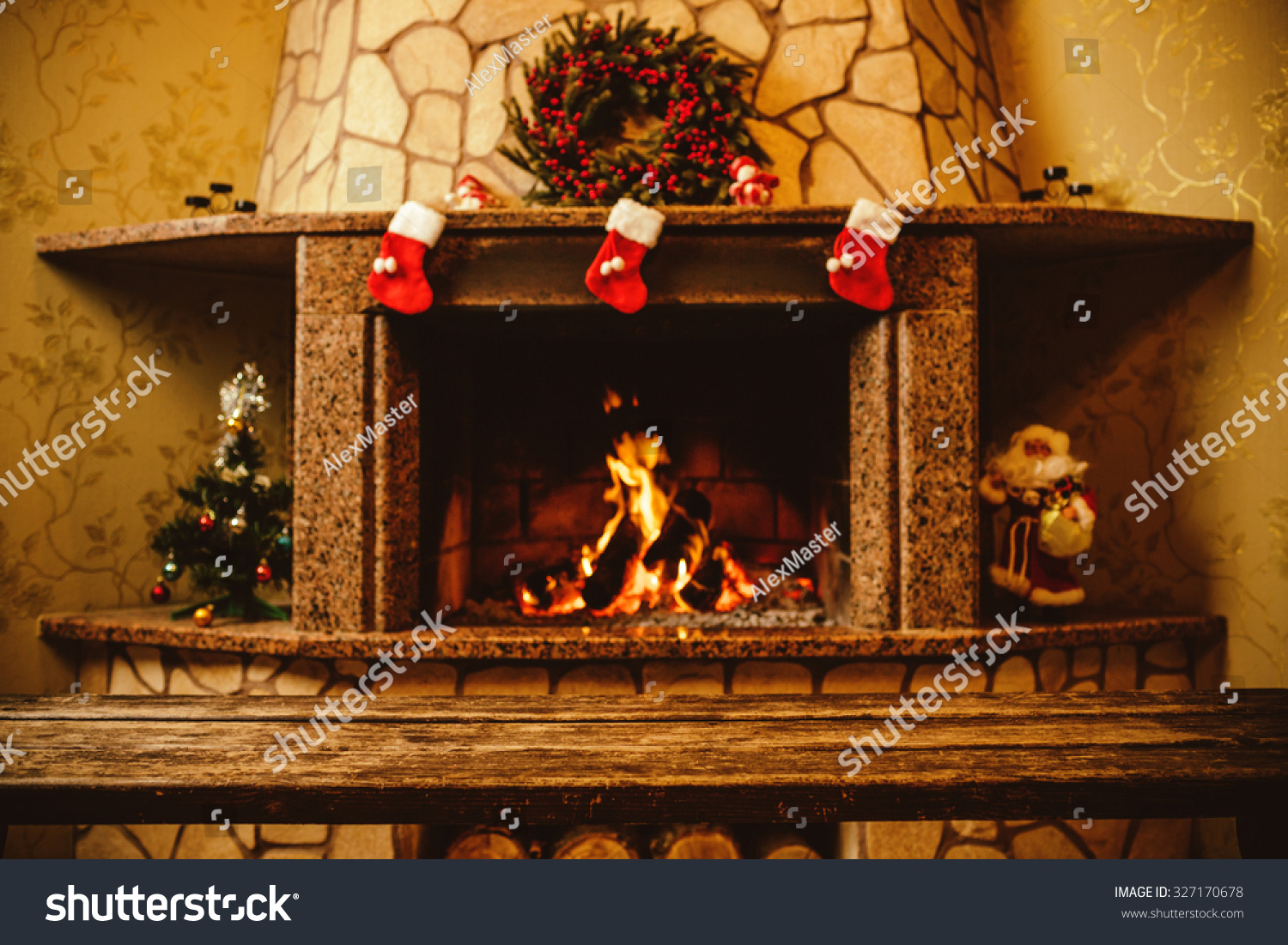 Warm Cozy Fireplace Decorated For Christmas With Real Wood Burning In ...