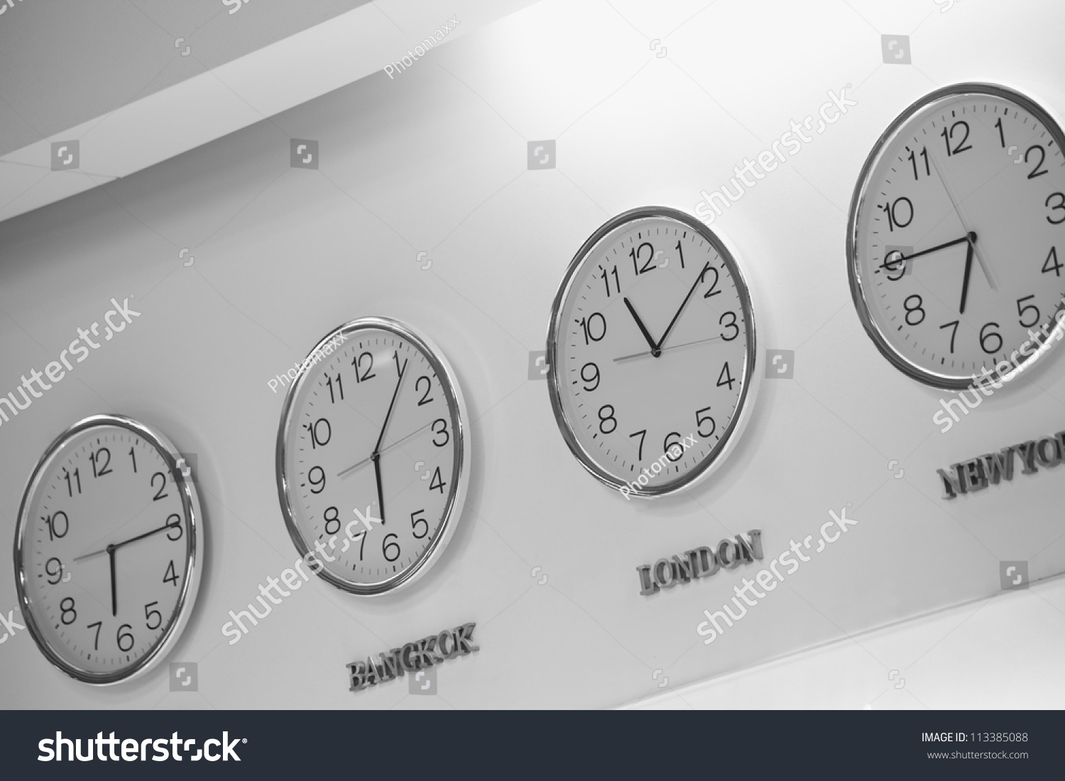 Watches Dial Plates Diferent Time Zones On The Wall Stock Photo ...