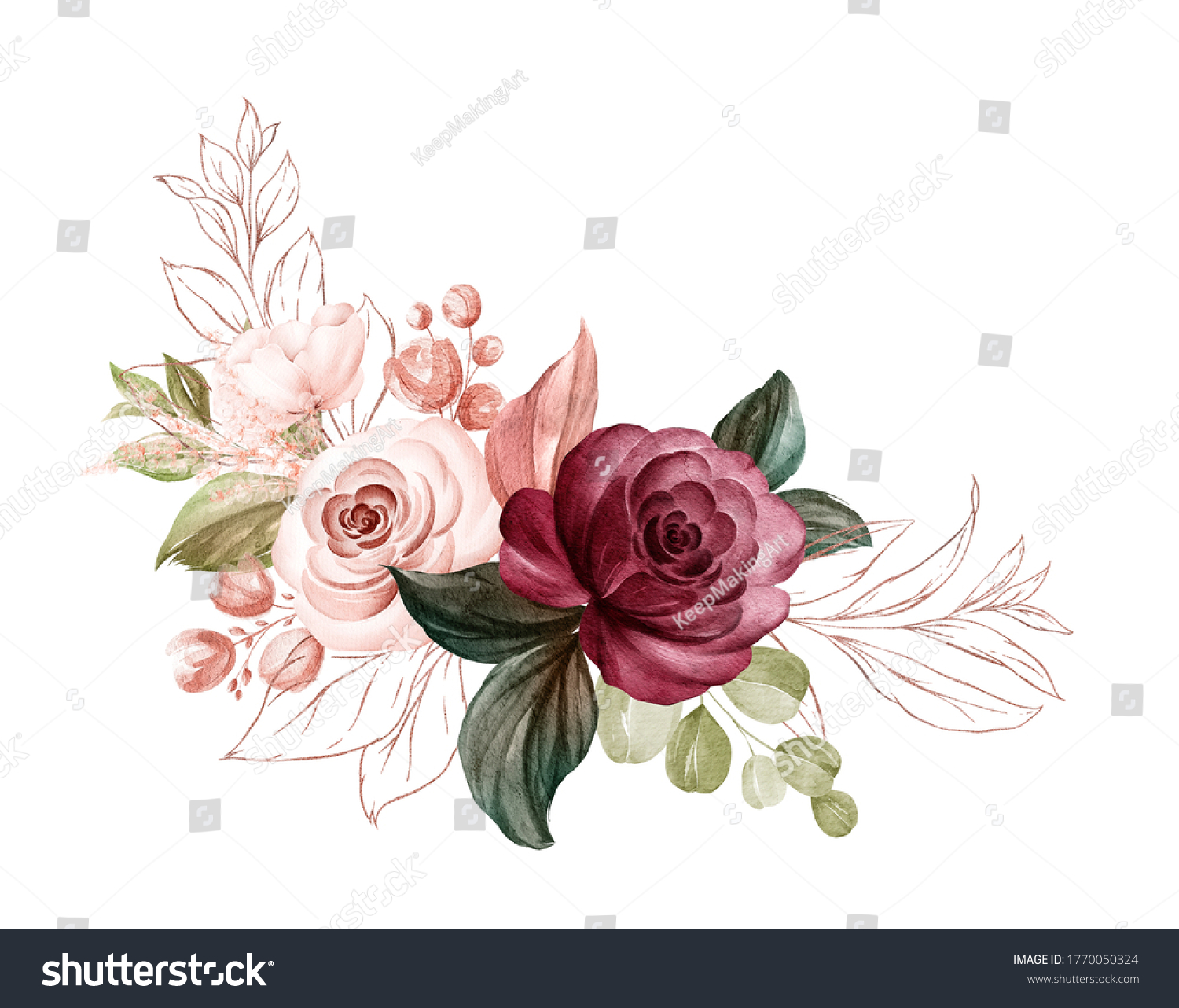 Watercolor Arrangement Soft Brown Burgundy Roses Stock Illustration ...