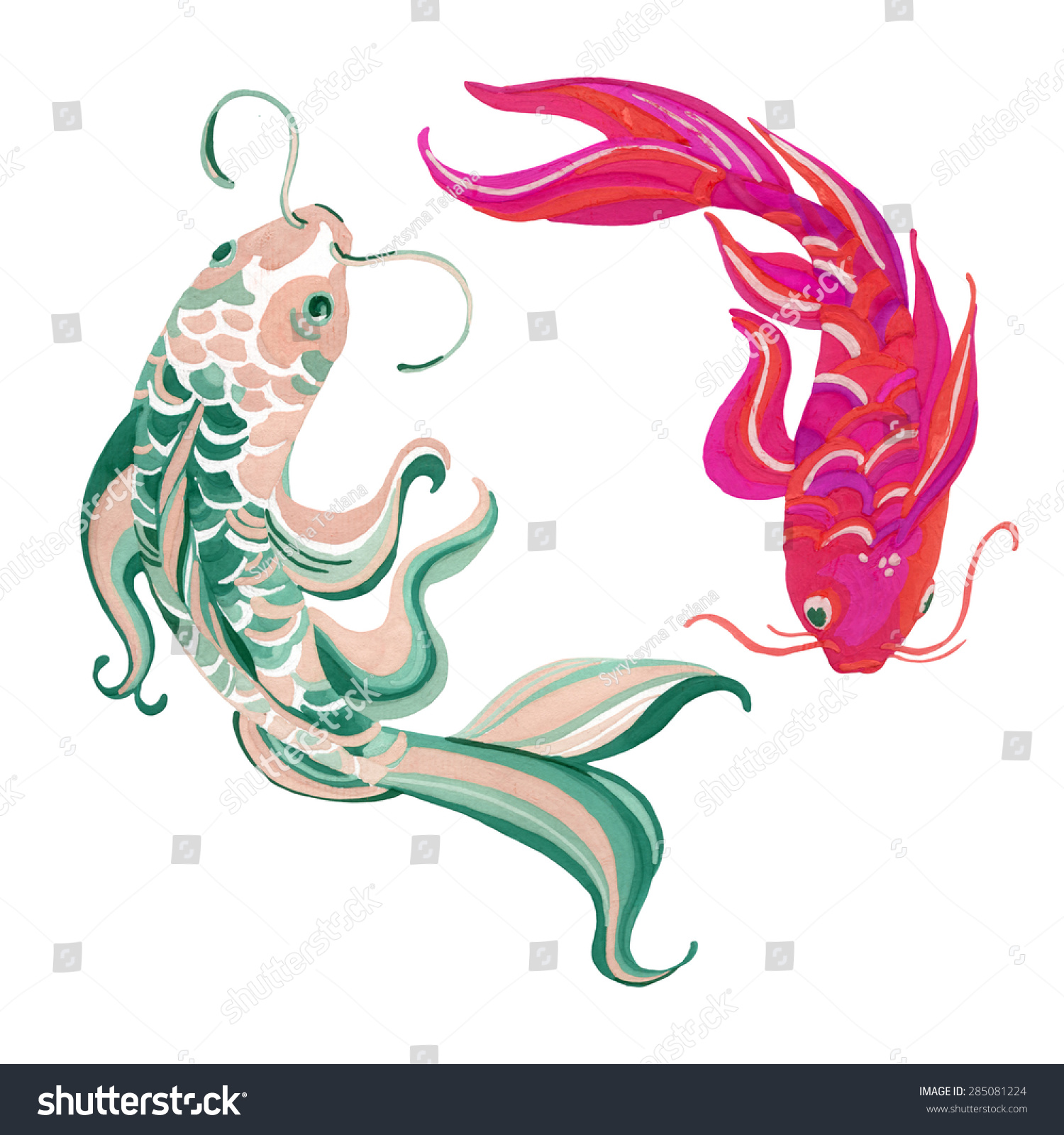 Watercolor Asian Koi Fishes Yin Yang Stock Illustration 285081224