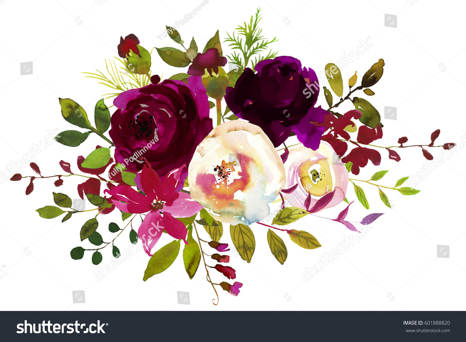 Watercolor Boho Burgundy Red White Floral Stock Illustration 601888820