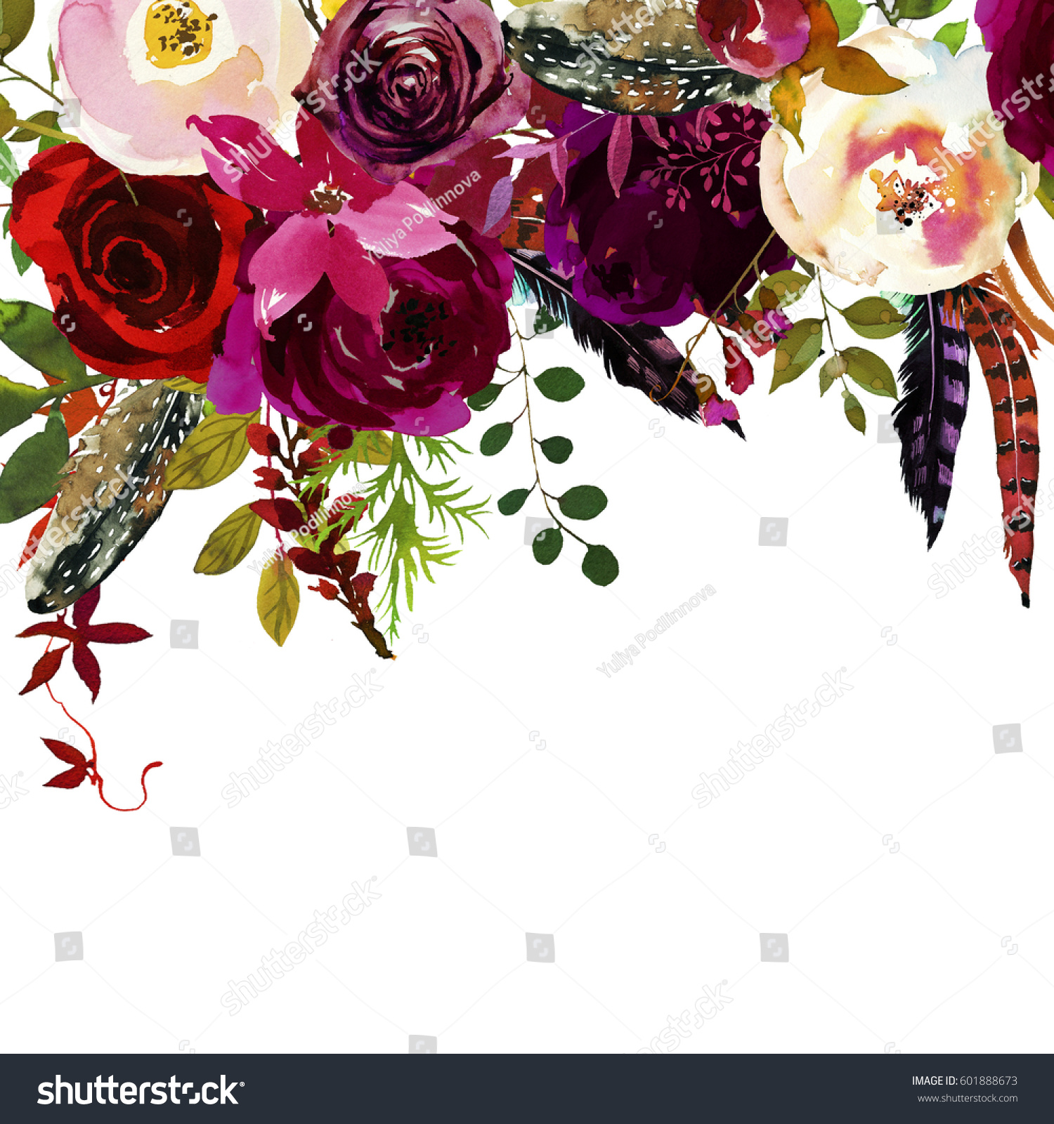 Watercolor Boho Burgundy Red White Floral Stock Illustration 601888673