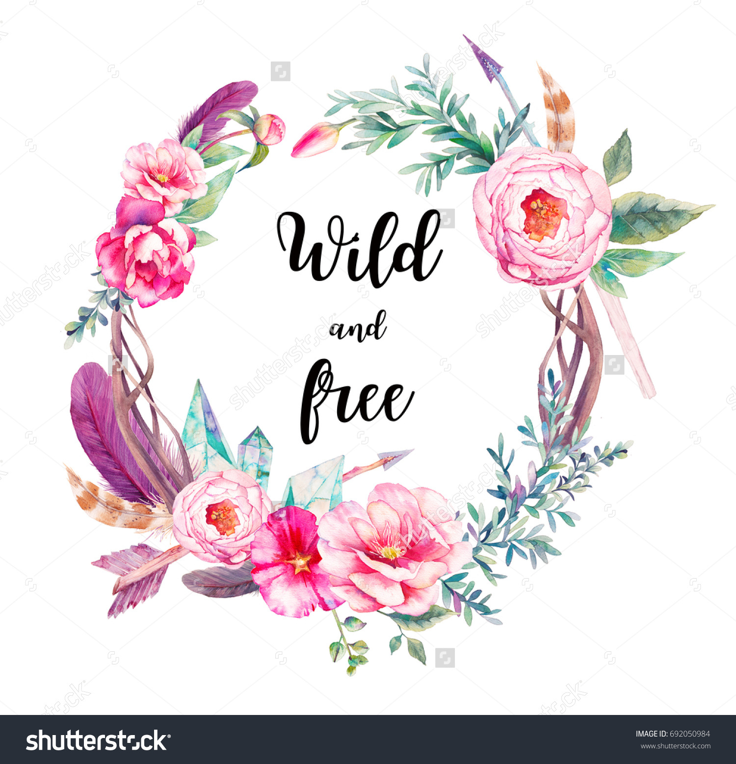 stock photo watercolor boho chic eucalyptus and tree branches wreath with flowers bouquet arrows and feathers 692050984