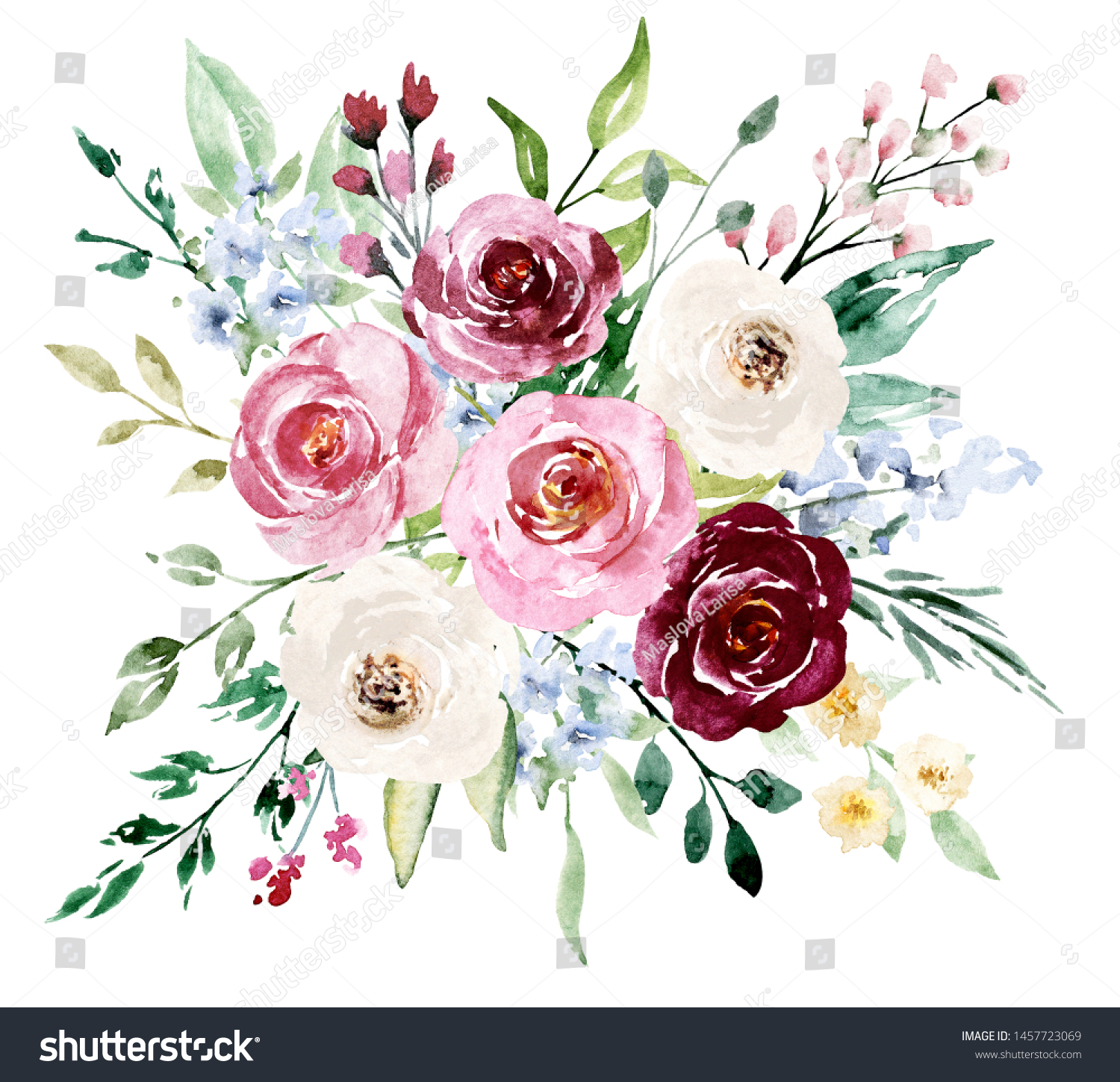 Watercolor Bouquet Flowers Pink Purple Roses Stock Illustration ...