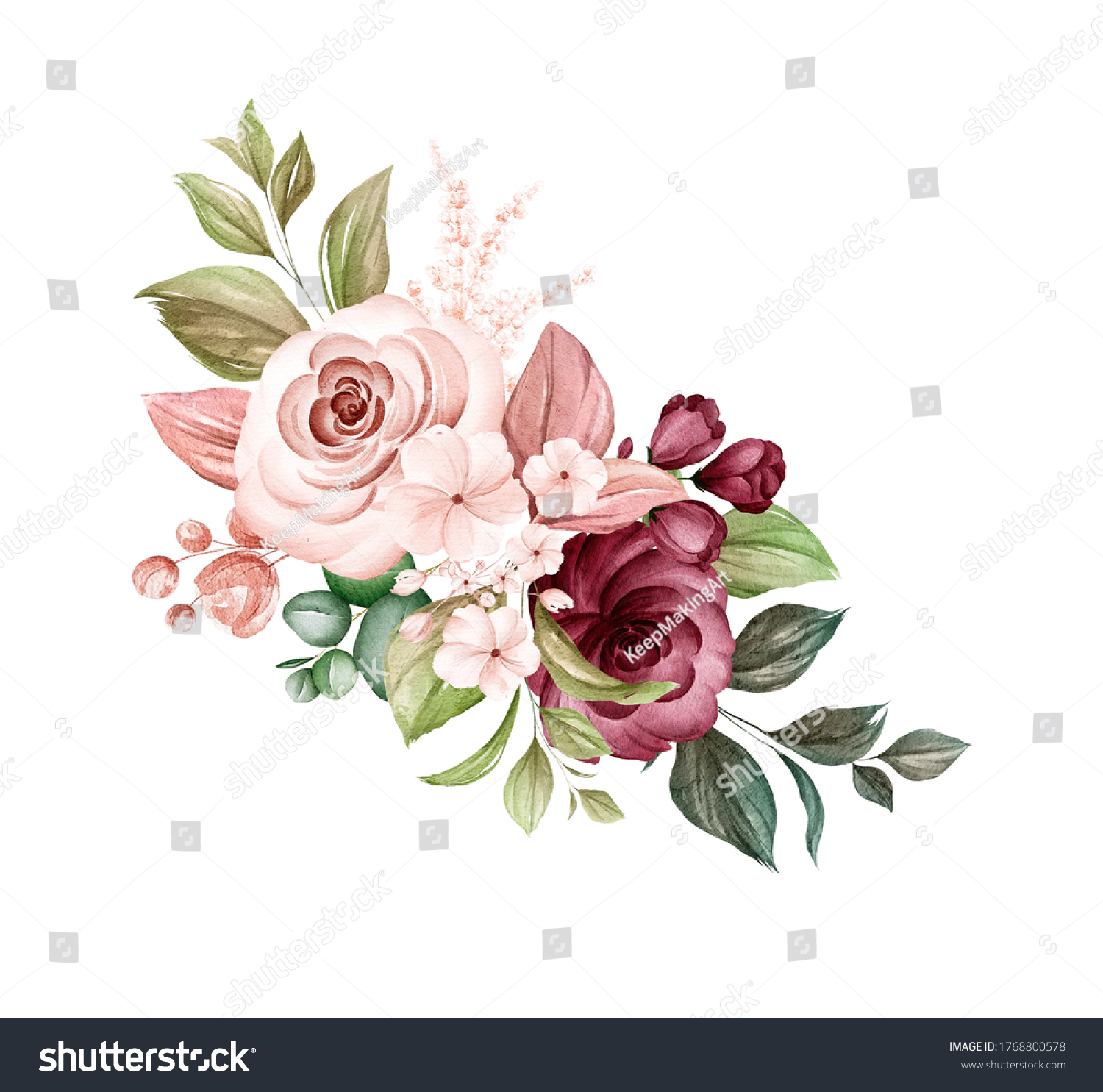 Watercolor Bouquet Soft Brown Burgundy Roses Stock Illustration 1768800578