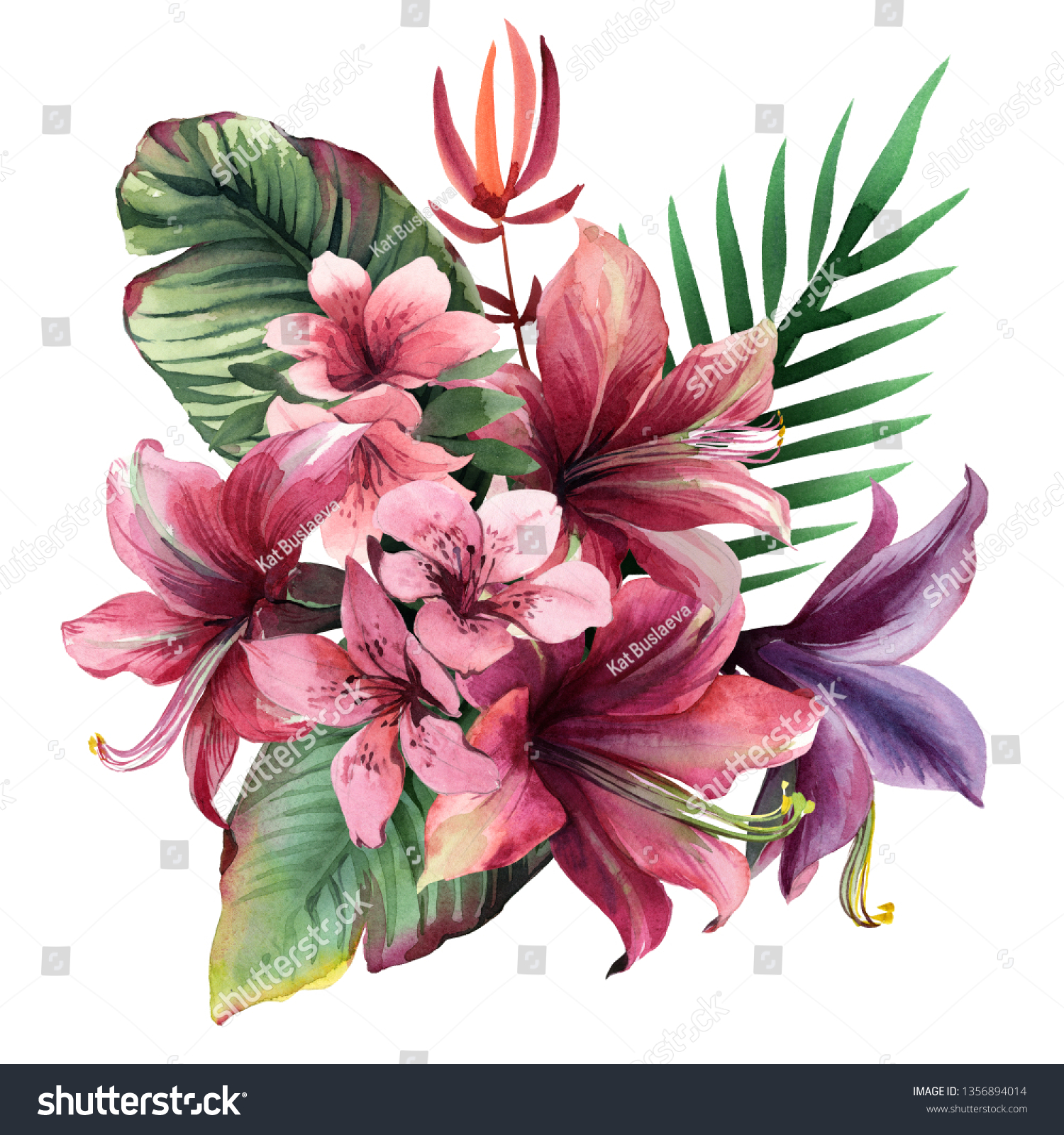 Watercolor Bouquet Tropical Flowers Leaves Isolated Stock Illustration 1356894014
