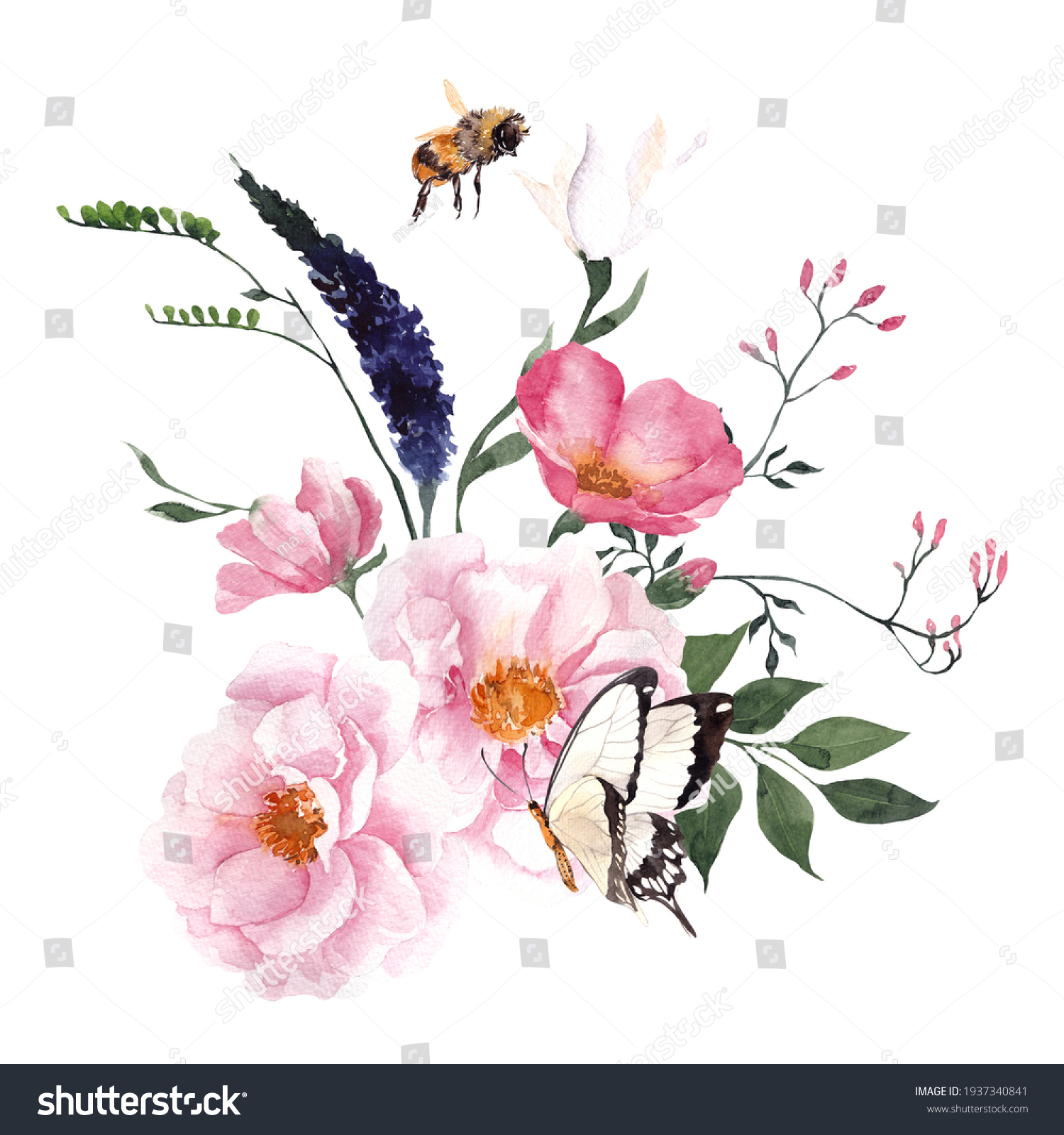 Watercolor Bouquet Wildflowers Herbs Leaves Isolated Stock Illustration 1937340841 Shutterstock 6502
