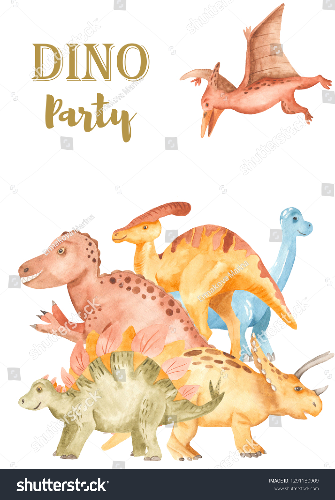 Watercolor Card Cute Cartoon Dinosaurs Illustration Stock Illustration ...