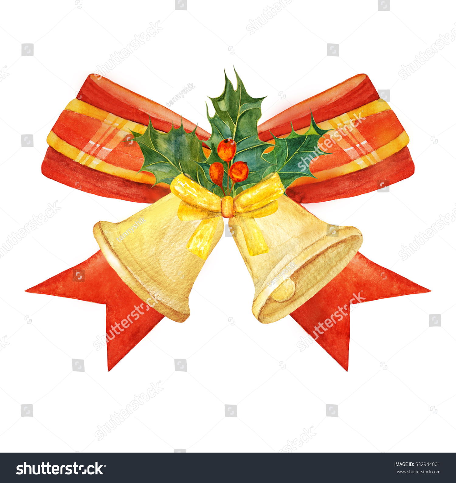 Watercolor Christmas Bow Holly On White Stock Illustration 532944001 ...