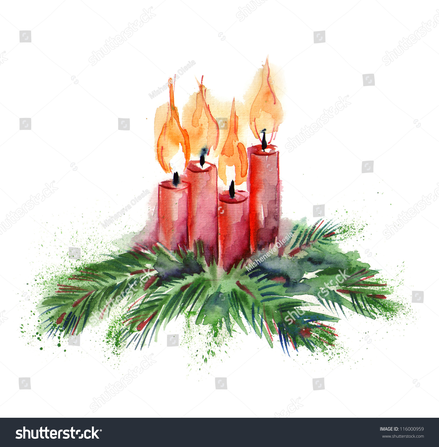 Watercolor Christmas Candles Stock Illustration 116000959 