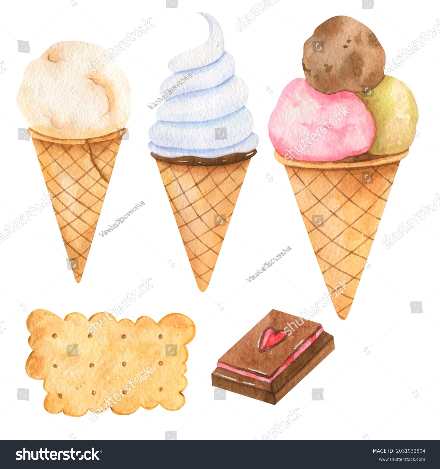 Watercolor Clipart Handdrawn Ice Cream Cones Stock Illustration Shutterstock