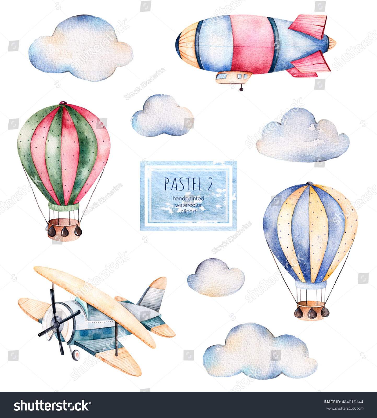 白い背景に美しく装飾された風船 パステル雲 その他の航空機で手描きの風船と 風船 雲 飛行機を使った水彩画 パステルセット のイラスト素材